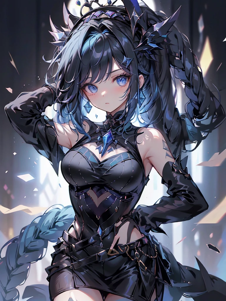 20-year-old girl、wearing a black elegant hat、Rune background、black magician、Wearing a black robe、mesmerize、cute woman、Elegant hairstyle、indigo hair color、Slightly shorter hair、blue eyes、look at the viewer、masterpiece、Best image、
