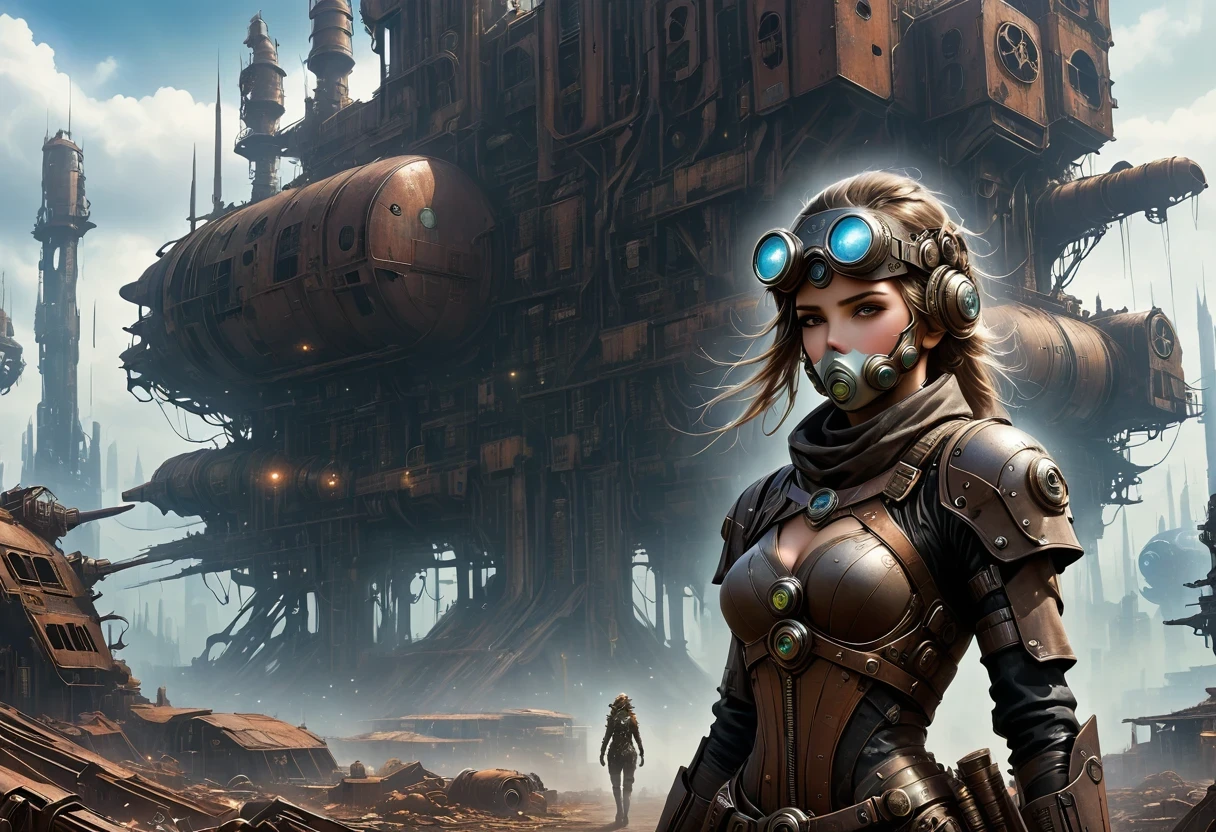 Future cyberpunk mechanical girl wearing a future gas mask walking through the destroyed future city,Silver Mechanical Girl,Mechanical joints,There are many rusty structures in the air, scenic Dystopian environment, Dystopian environment, Industrial science fiction, Industrial science fiction, Industrial science fiction, Steampunk space station base background, Dystopian digital concept art, Steampunk city, post-apocalyptic factory, Steampunk city of the future, Industrial science fiction, Steampunk concept art, Dystopian alien landscape, In a steampunk cityscape, Dystopian Landscape