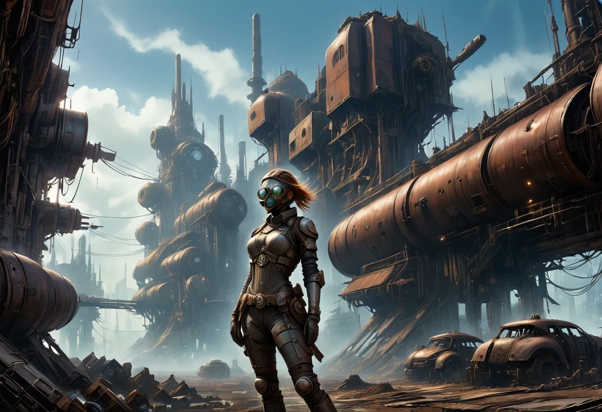 Future cyberpunk mechanical girl wearing a future gas mask walking through the destroyed future city,Silver Mechanical Girl,Mechanical joints,There are many rusty structures in the air, scenic Dystopian environment, Dystopian environment, Industrial science fiction, Industrial science fiction, Industrial science fiction, Steampunk space station base background, Dystopian digital concept art, Steampunk city, post-apocalyptic factory, Steampunk city of the future, Industrial science fiction, Steampunk concept art, Dystopian alien landscape, In a steampunk cityscape, Dystopian Landscape