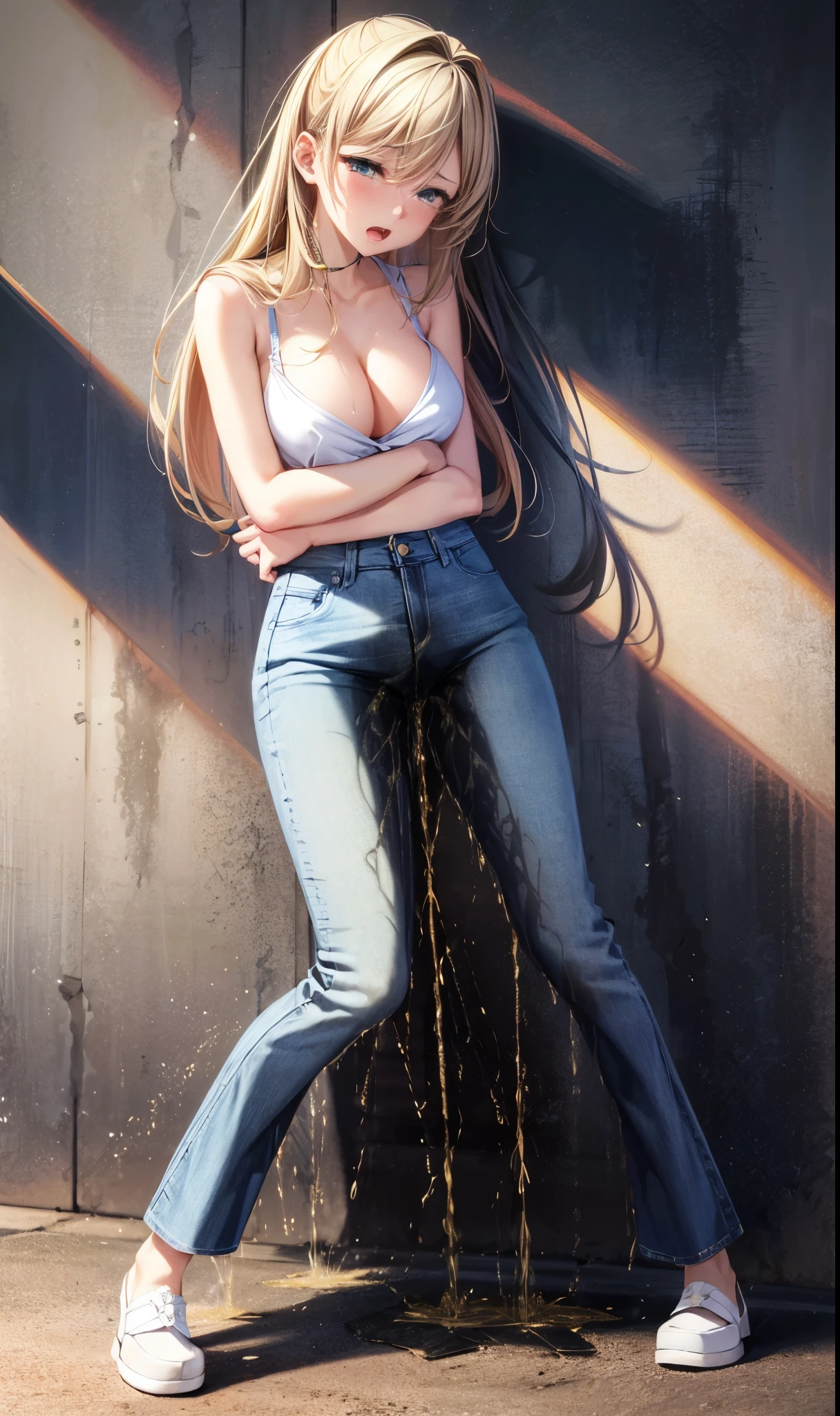 ultra high resolution, (dynamic angle, standing pose:1.2), outdoors, downtown, (legs focus, full body:1.3), (beautiful face, beautiful eyes, beautiful legs), not safe for work, (peeing self:1.5), wetting herself, (pee stain:1.3), peeing herself, (urination:1.3),
20 year old, european, white skin, blush, scared, panicking, crying, tears, open mouth, topwear, hard nipples, cleavage, (hands between legs:1.4), skinny, thin waist, (jeans pants, flares jeans, blue jeans), footwear, (knees together feet apart:1.4)