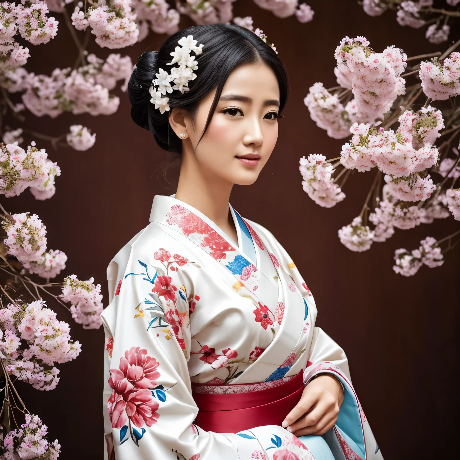 A beautiful woman wearing a traditional Japanese kimono, surrounded by beautiful flowers, beautiful face, hair styled in an intricate updo decorated with white and red flowers, and a kimono with an intricate design with floral motifs in shades of white, red and blue, with a background filled with branches flowers, oil paint and ink paint