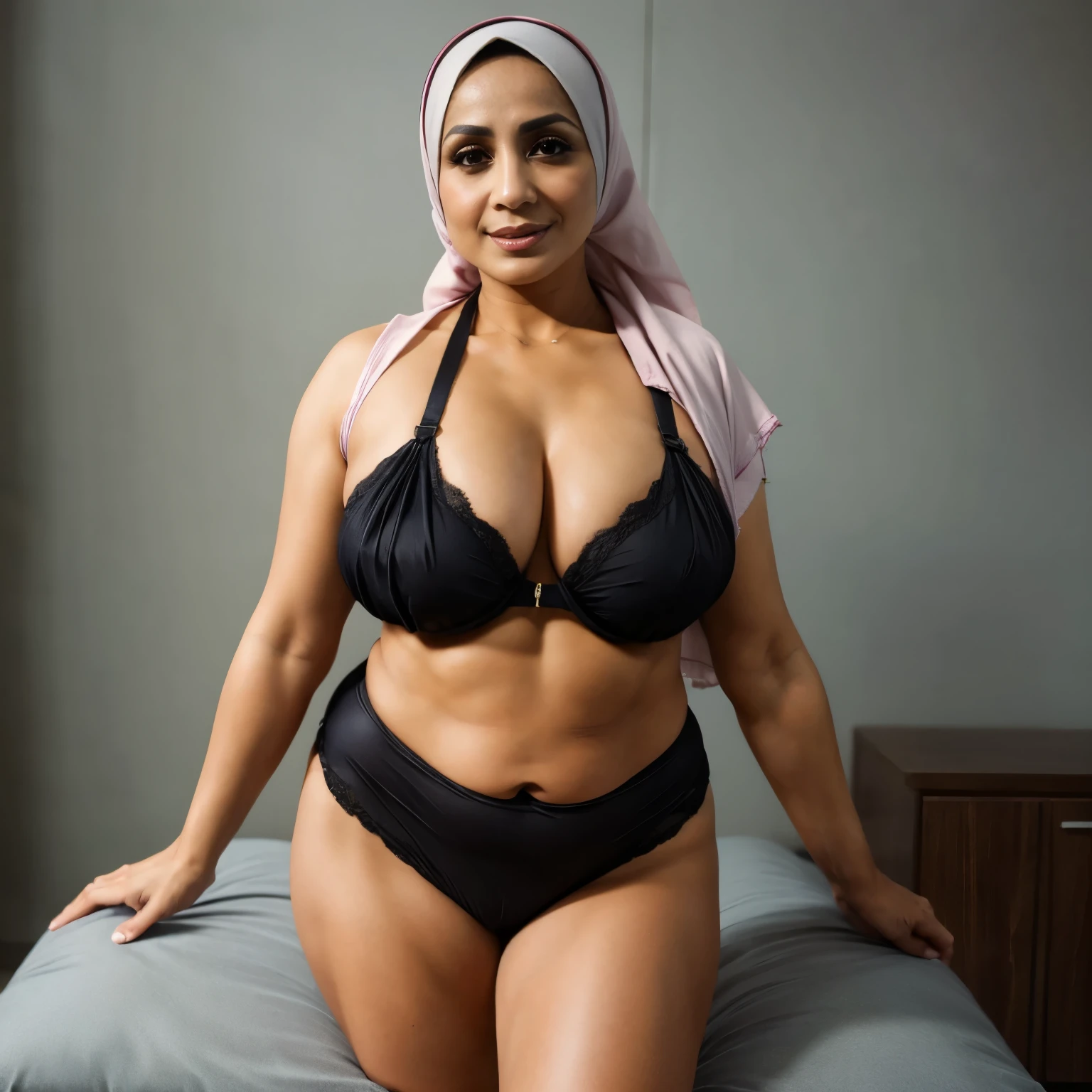 46 years Old, ((Hijab Arabian Beautiful Middle Age woman)), Massive Gigantic Saggiest Breast : 8, Tight Garter Lingerie, ((Busty Thicc Body)), ((Realistic Perfect Six Pack abs)), Breast about To burst out from her clothes, at doctor office, Dark light, at Nighttime