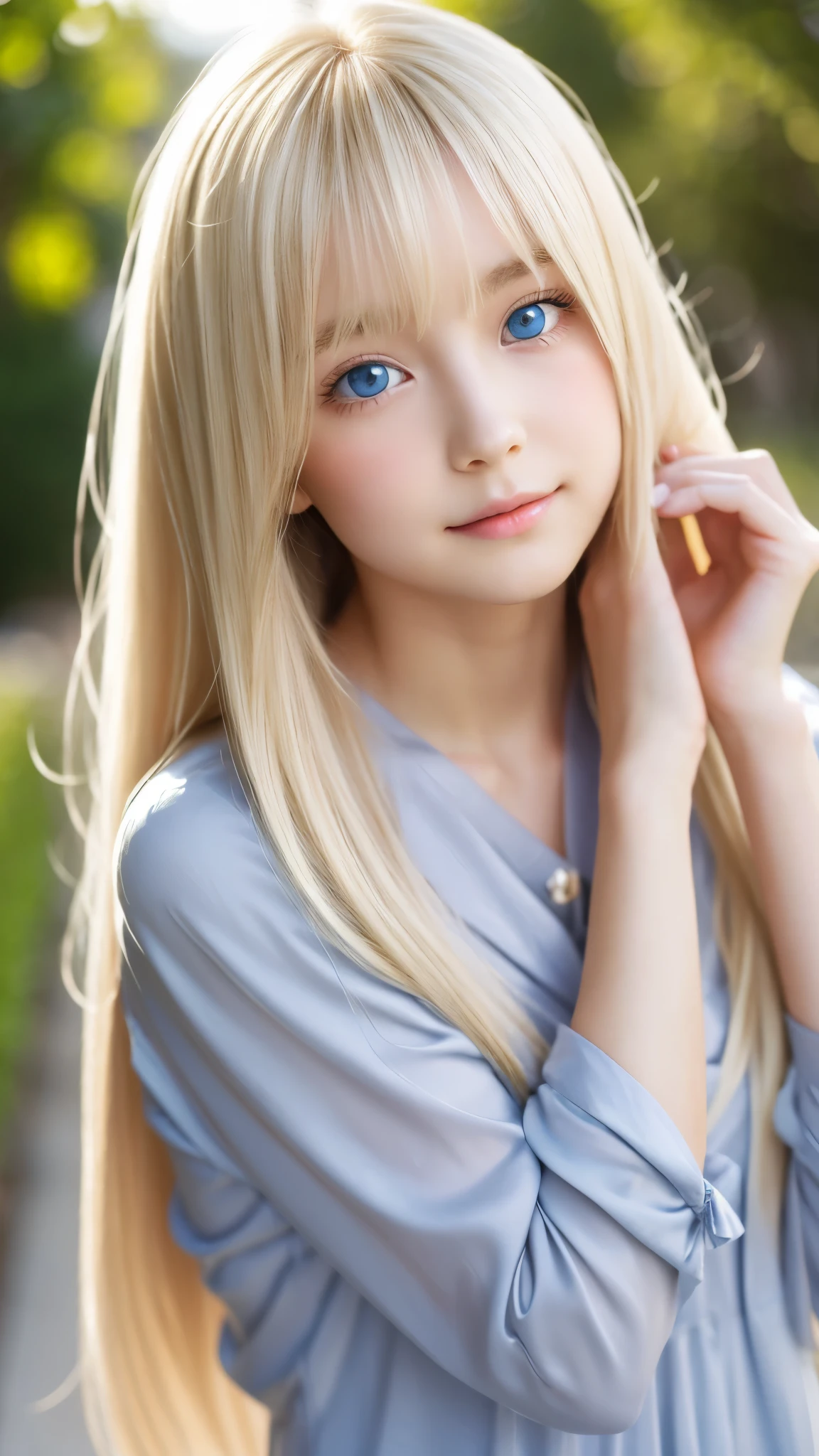 Shining, clear, white skin、Her windblown blonde hair hides her beautiful face、huge、28 years old cute sexy little beautiful face、Beautiful straight hair that stands out、growing up, Sparkling light blue eyes、long silky bangs that cover cute eyes, Sexy and cute young woman with super long hair hiding her sexy face、Super long, natural platinum blonde shiny hair