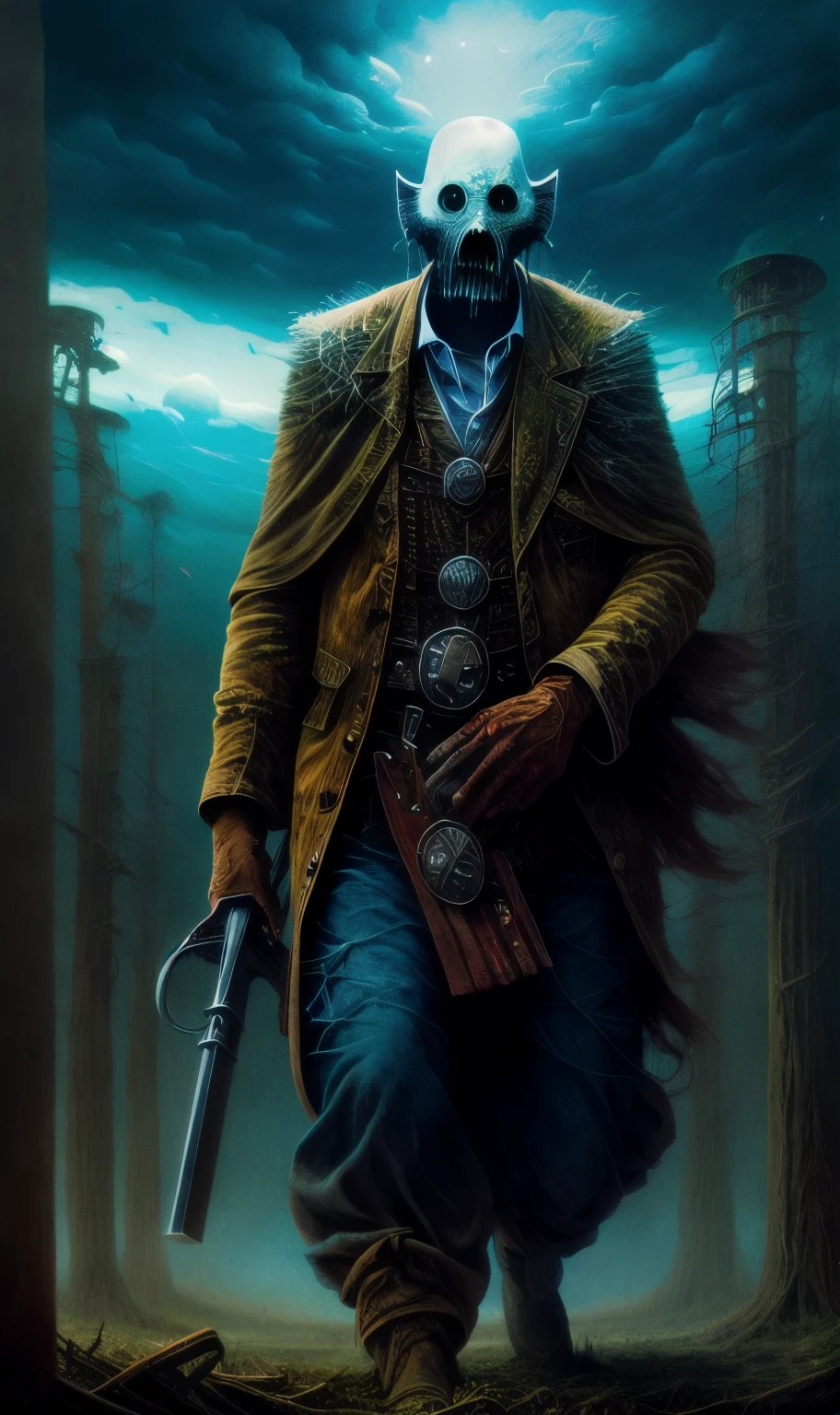 Cowboy Shot, Beastman Dwarf, Earthy clouds Gray ash, masterpiece, 8k, highest quality, Bloody, Volumetric lighting, Intimidating, was furious, anger, shout, spooky, Deep woods, tooth, Shining Eyes, Blood splatter, Bright blue fog, author:Zdzislaw Beksiński