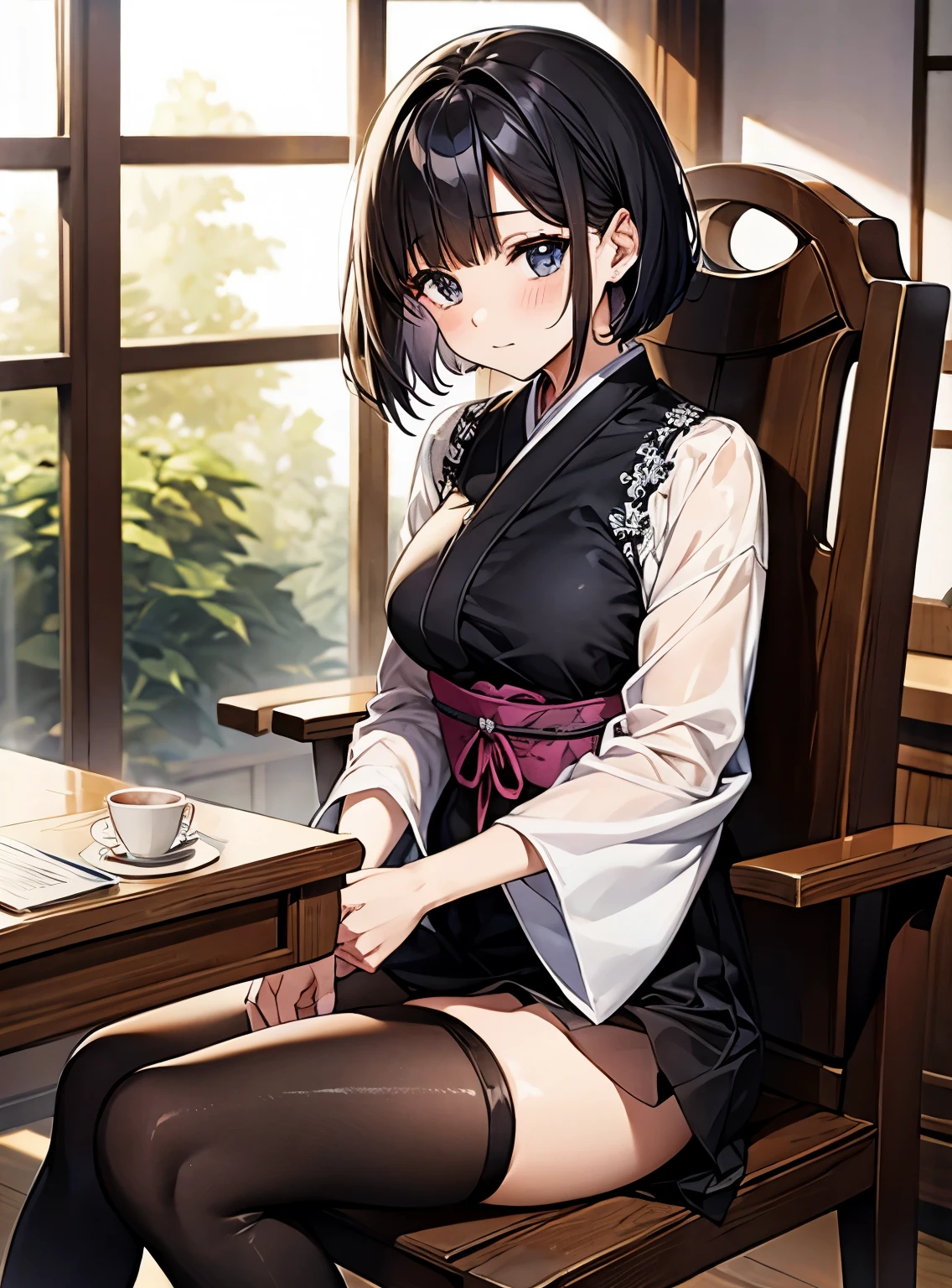 Cute Girls、Japanese、Sitting in a chair、Attractive breasts、dress、black tights、See-through underwear、Short Bob
