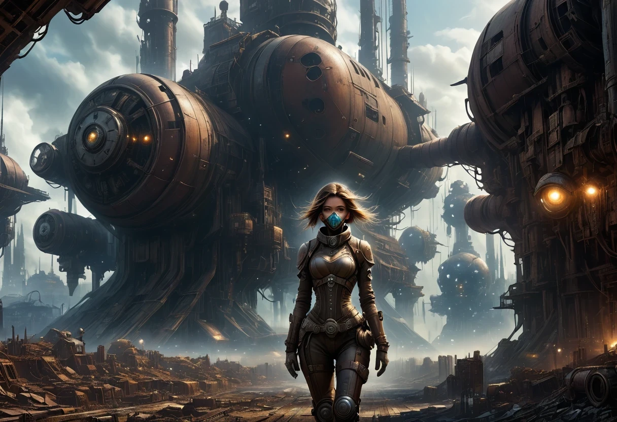 Future cyberpunk mechanical girl wearing a future gas mask walking through the destroyed future city,Silver Mechanical Girl,Mechanical joints,There are many rusty structures in the air, scenic Dystopian environment, Dystopian environment, Industrial science fiction, Industrial science fiction, Industrial science fiction, Steampunk space station base background, Dystopian digital concept art, Steampunk city, post-apocalyptic factory, Steampunk city of the future, Industrial science fiction, Steampunk concept art, Dystopian alien landscape, In a steampunk cityscape, Dystopian Landscape