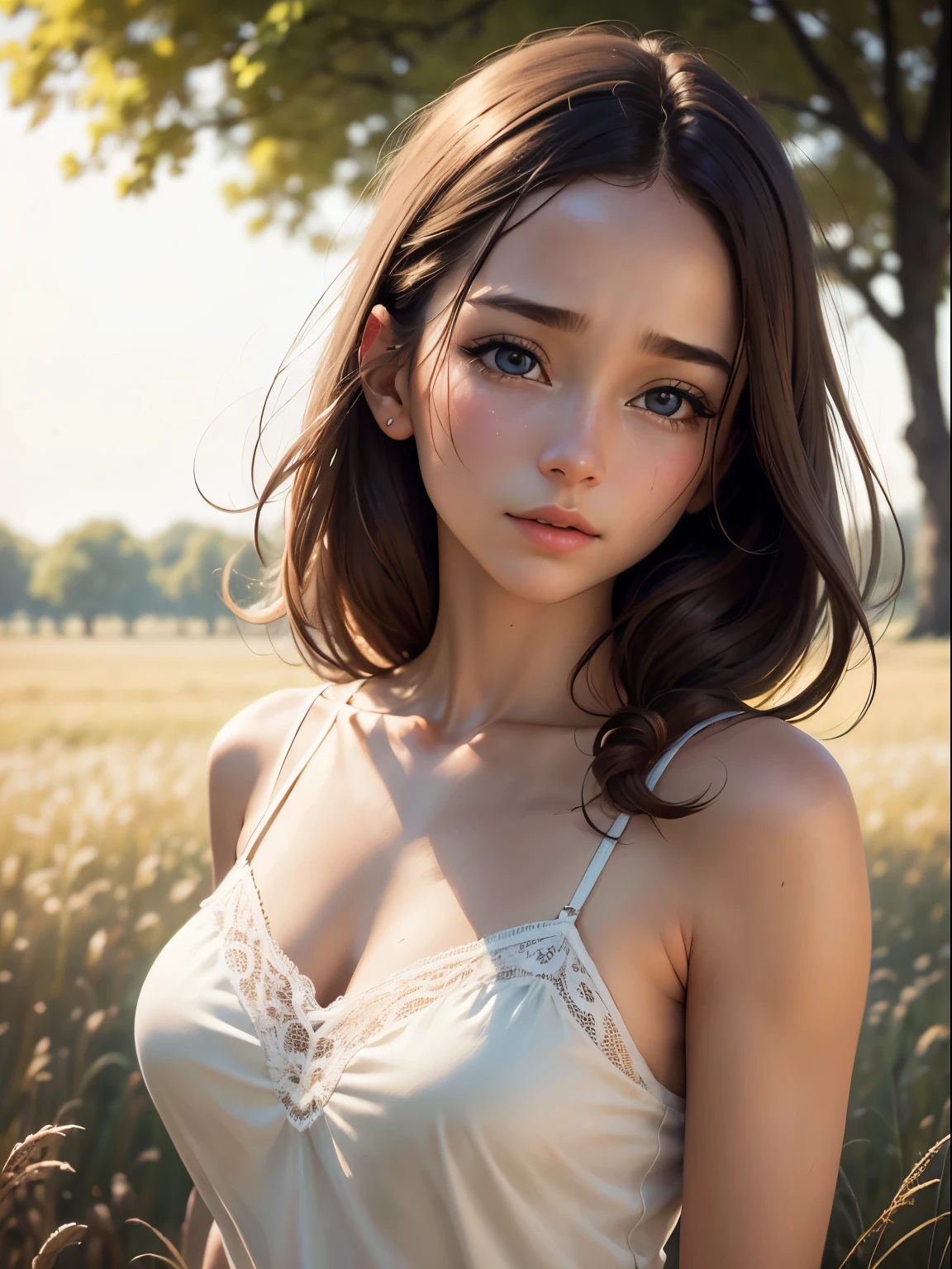 master piece, best quality, ((realistic)), 8K picture quality, extremely delicate and beautiful, ((1 person)), ((off shoulder pure white off lace camisole)), Official art with attention to detail, Ridiculous, unbelievable Ridiculous, (Put the head in the frame), ultra-detail, (Pretty girl), ((Perfect female figure)), (smile), full of sweat, Brown hair, sunset grassland, 12years old,
