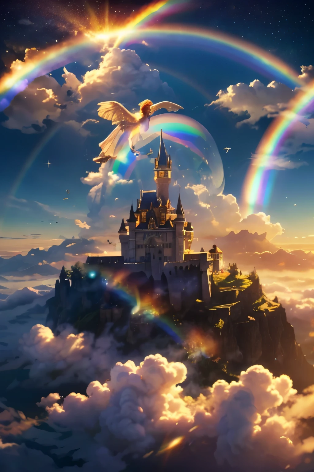 (((masterpiece))), (best quality), (ultra detail), (very_high_resolution), (large_filesize), (full color), Castle in the Sky, World above the sky, Above the Clouds, There are many angels flying, Angel wings grow, A shining world, Rainbow colored soap bubbles in the sky, Lots of rainbows, Rainbow Light, rainbow clouds, Fantasy art, Highest quality,