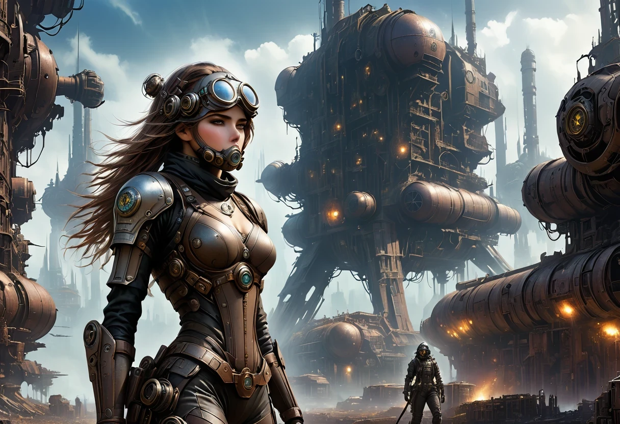Future cyberpunk mechanical girl wearing a future gas mask walking through the destroyed future city,Silver Mechanical Girl,Mechanical joints,There are many rusty structures in the air, scenic Dystopian environment, Dystopian environment, Industrial science fiction, Industrial science fiction, Industrial science fiction, Steampunk space station base background, Dystopian digital concept art, Steampunk city, post-apocalyptic factory, Steampunk city of the future, Industrial science fiction, Steampunk concept art, Dystopian alien landscape, In a steampunk cityscape, Dystopian Landscape