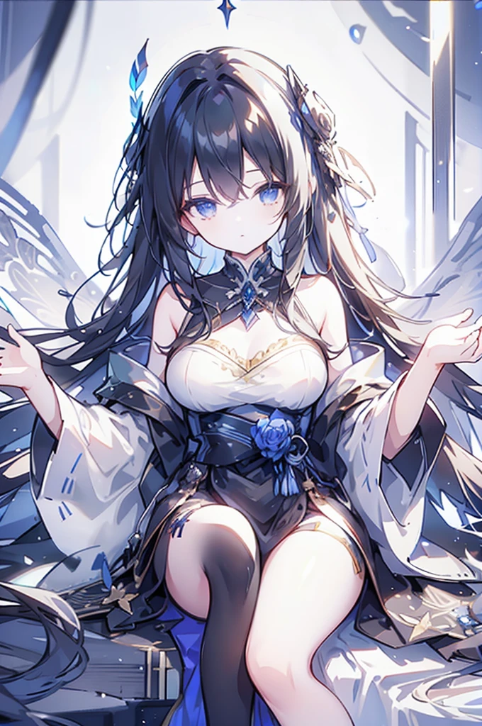 ((Highest quality)), ((masterpiece)), (detailed), One girl, sexy,An angel with black wings is sitting and winking