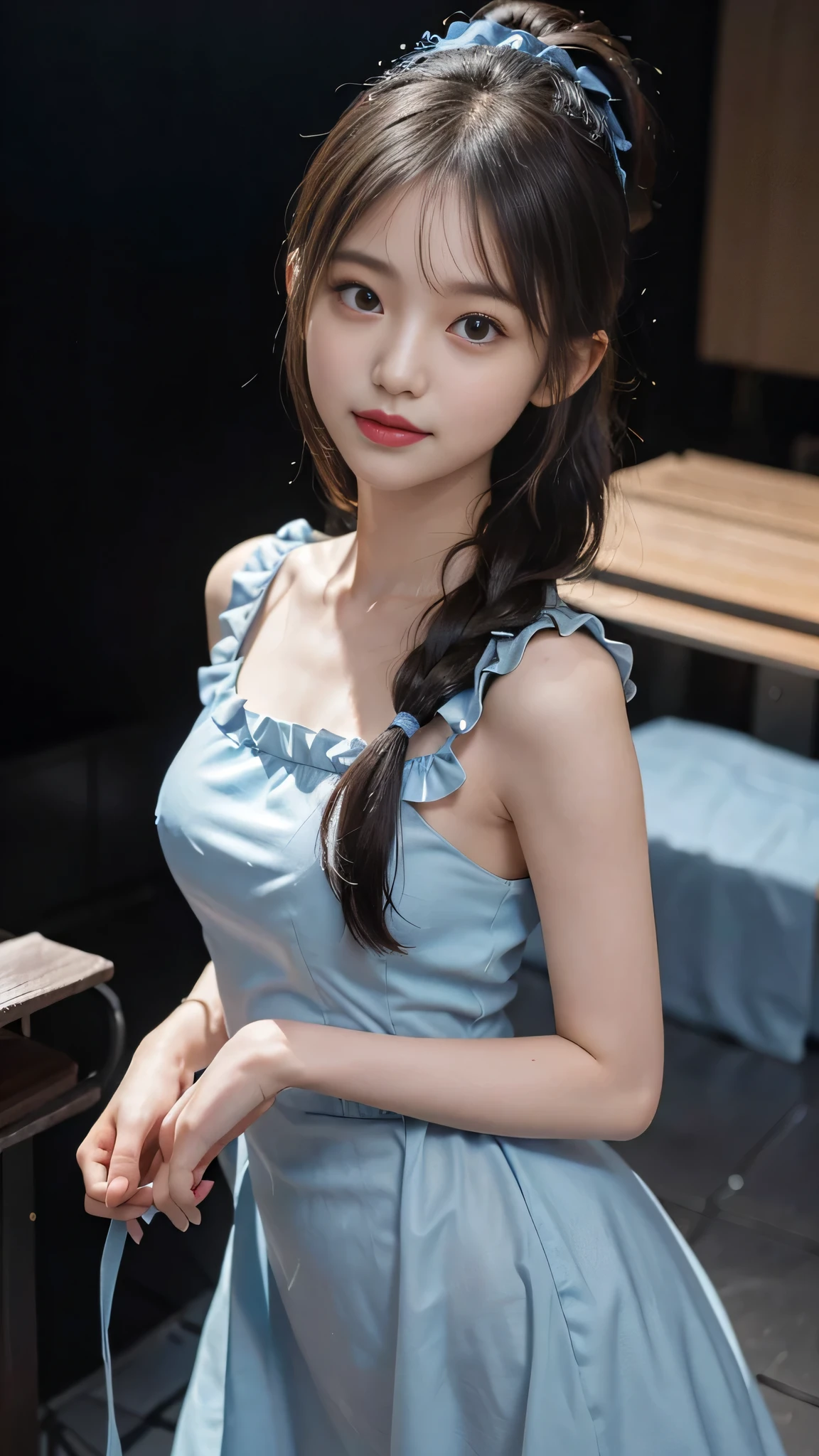 Close up face,standing on stage,Blue colored long dress with lots of ruffles,One woman,masutepiece, The highest image quality, High quality, the background is clear,Beautiful woman, Japanese, Detailed, Detailed eyes, Detailed skin, Beautiful skin, 超hight resolution, (reality: 1.4),Very beautiful woman, Slightly younger face, Beautiful skin, slender, (Ultra photo realsisim), (hight resolution), (8K), (Very detailed) (beautifully detailed eyes), (super detailed), (Detailed face), view the viewer, Fine details, Detailed face, Staring straight ahead, Staring straight ahead, photos realistic, Bright lighting, Professional Lighting, Black hair,poneyTail,a baby face,fifteen years old,Hairstyle: ponytail,Long ponytail hairstyle,slight smile,neat and tidy clothing,Beautiful Japanese KPOP idol photo, hair style is ponytail, my eyes are double and wide, baby face, smile and look straight ahead, slender, small breasts,Blue ribbon on head,Close up face,