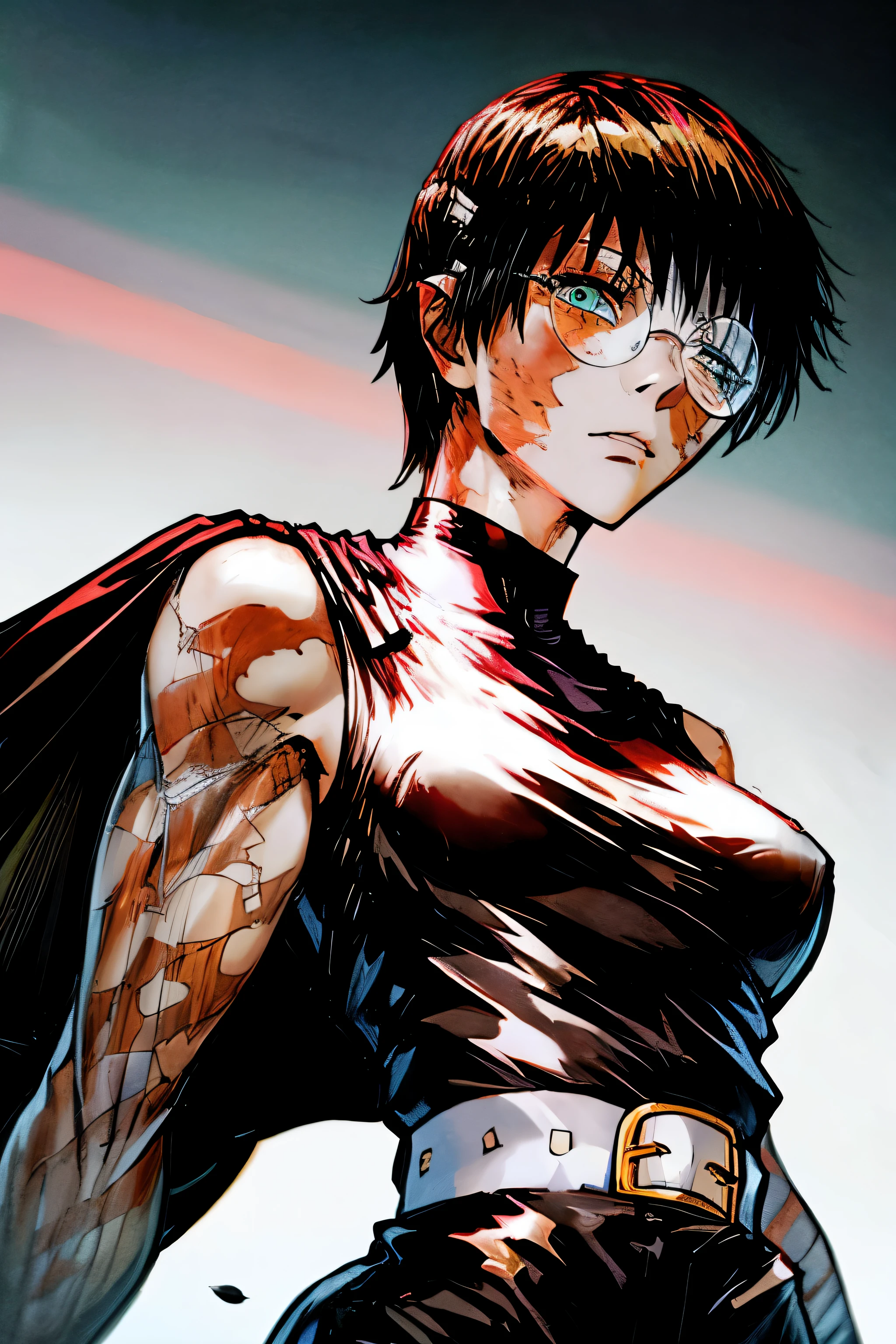 Most of Maki's body was covered in scars from severe burns., which stretched along the sides of the face and both arms. Her hair now only reaches her ears. hands remained open. Now she wears a sleeveless black turtleneck and a trench coat, secured with two school brooches on each side. Turtleneck tucked into black trousers, a large brown belt with a gold buckle is tied around the waist. glasses, which she wore with this outfit, were round, but Maki's right eye was covered with bandages due to burns. looks at the camera, cracked glasses, green eyes, glowing eyes, Wind, portrait, in the middle, short hair, Best quality, Good quality, beautiful consecration, broken picture, fragments