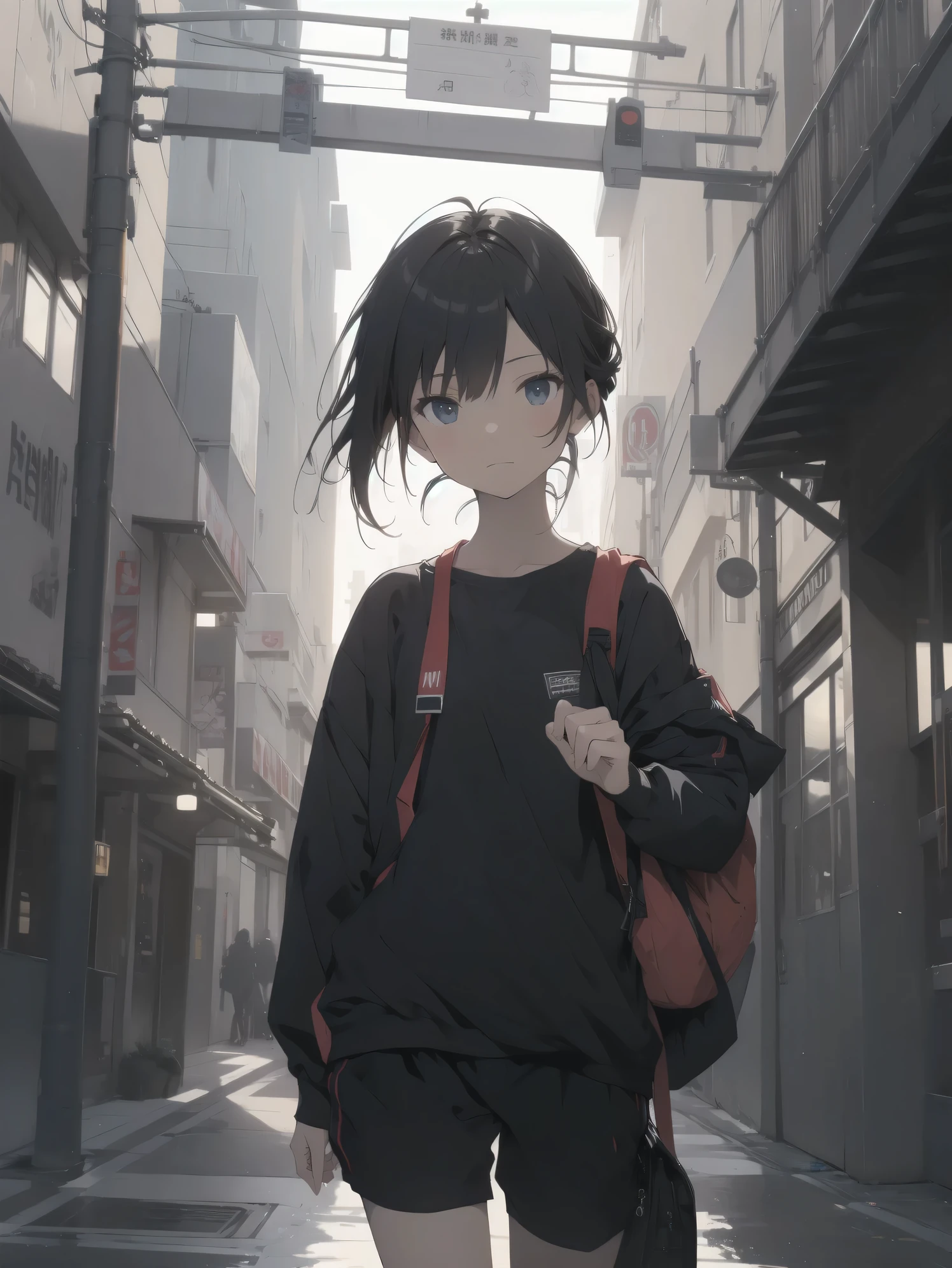 ultra-absurdres-Top quality by artist God, ultra-detailed, high resolution, anime moe artstyle, best anime 8k konachan wallpaper, pixiv contest winner,pool:2810, perfect anatomy,break, 1girl, (Please draw a tomboy walking to home alone. )break,(Solo,little female, -yeld:1.Full limbs, complete fingers, (very short hair), ponytail, flat chest, , small butt, small black eyes, beautiful detailed eyes, well-proportioned iris and pupils, expressive eyes, highres detailed hair, soft expression, school_gym uniform, official_alternate_costume,gym short shorts,(Detailed Lighting), (Detailed background), in the School commute route. break,super detailed skin, Best cinematic lighting powered by famous artist, 8k,beauty illustration,photoshop_(medium),very aesthetic,break,((artist:ido_(teketeke))), artist:bolze ,artist:oyari_ashito ,artist:kantoku ,