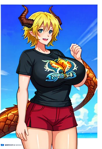 female, dragon horns , old r , huge Breasts , wearing t-shirt , manga Style , tomboy ,Blonde Hair ,((Best quality ,artwork ))
