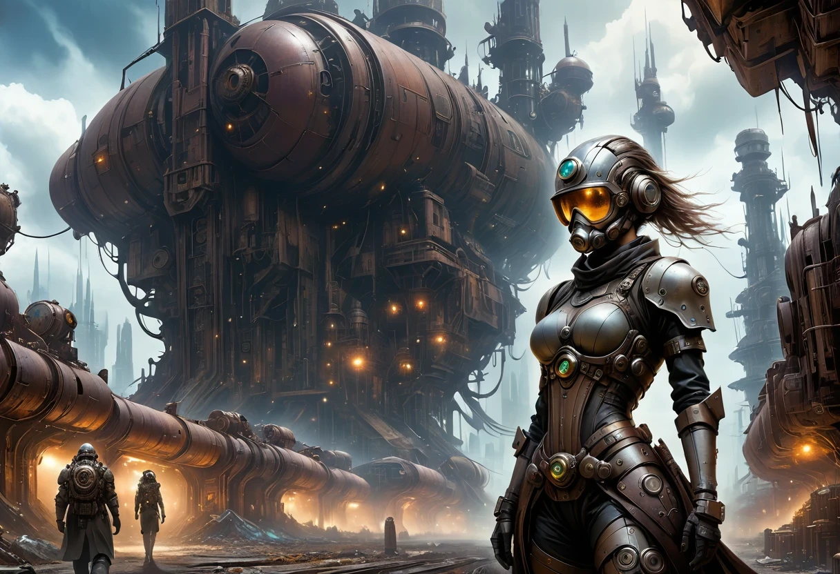 Future cyberpunk mechanical girl wearing a future gas mask walking through the destroyed future city,Silver Mechanical Girl,Mechanical joints,There are many rusty structures in the air, scenic Dystopian environment, Dystopian environment, Industrial science fiction, Industrial science fiction, Industrial science fiction, Steampunk space station base background, Dystopian digital concept art, Steampunk city, post-apocalyptic factory, Steampunk city of the future, Industrial science fiction, Steampunk concept art, Dystopian alien landscape, In a steampunk cityscape, Dystopian Landscape