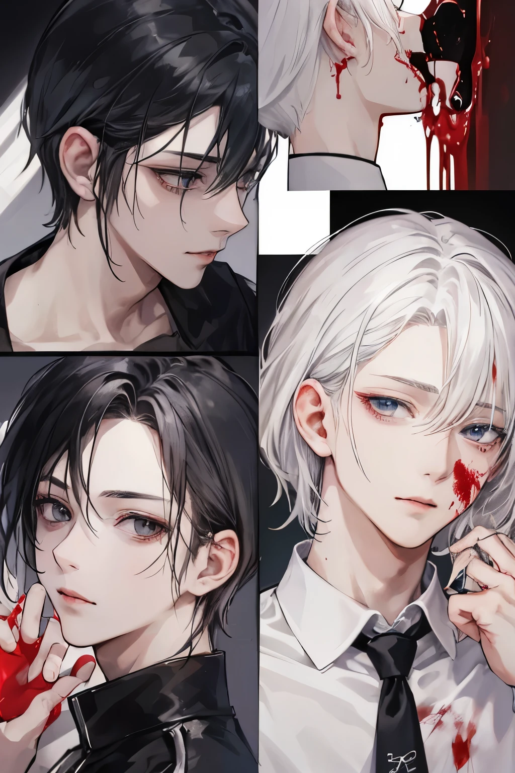 ((Best quality)), ((masterpiece)), (detailed), perfect face, two men, white hair, black hair, yandere, manic love, blood, madness, embarrassment, love, gay, anime guys