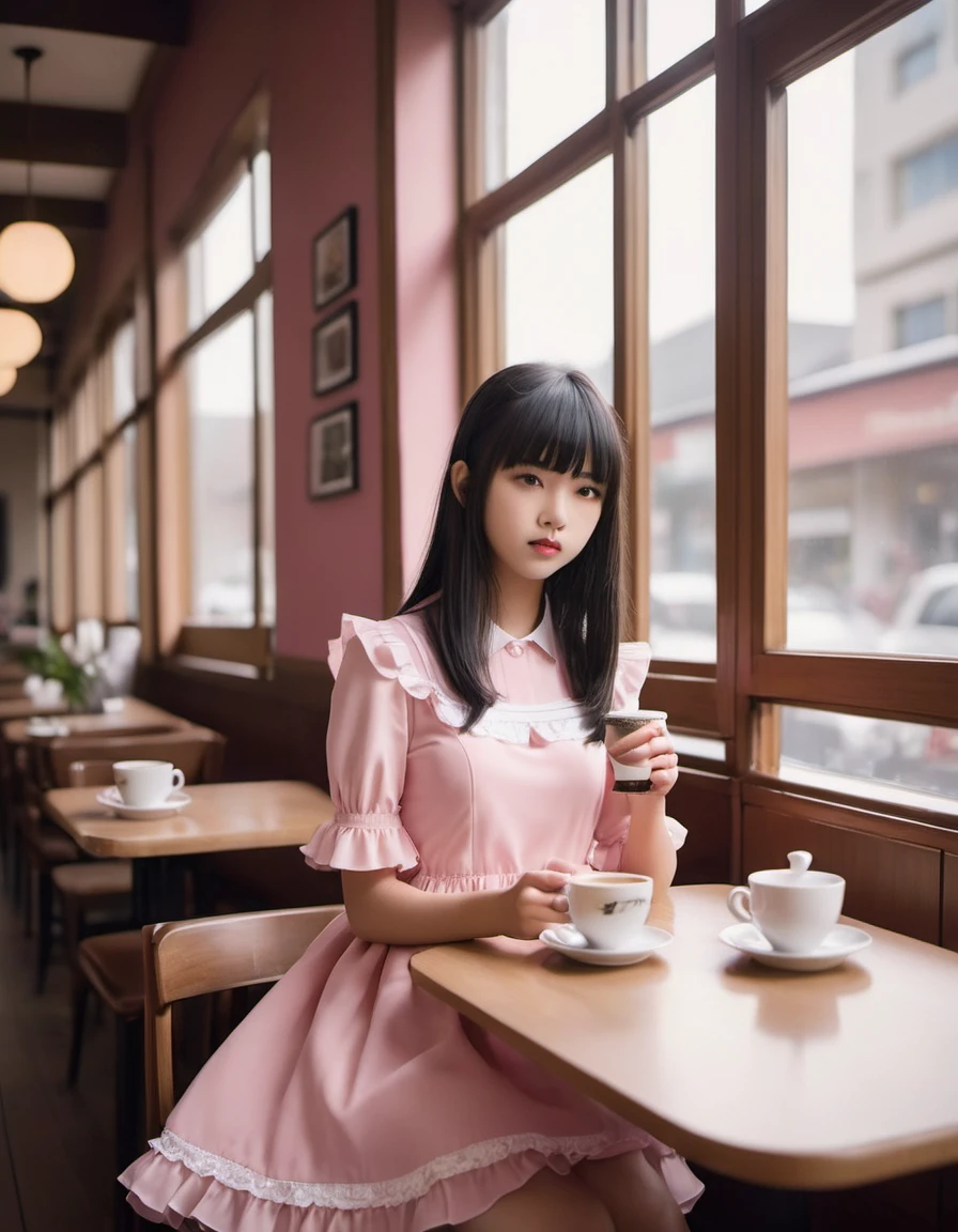 ( girl), (petite), (p detailed frilly dress), beautiful long straight hair, blunt bangs, black hair, A coffee date. Soft lighting envelops the room, and the aroma of freshly brewed coffee fills the air. Two cups and spoons are neatly arranged on the table, and through the window, a glimpse of the outside world can be seen.