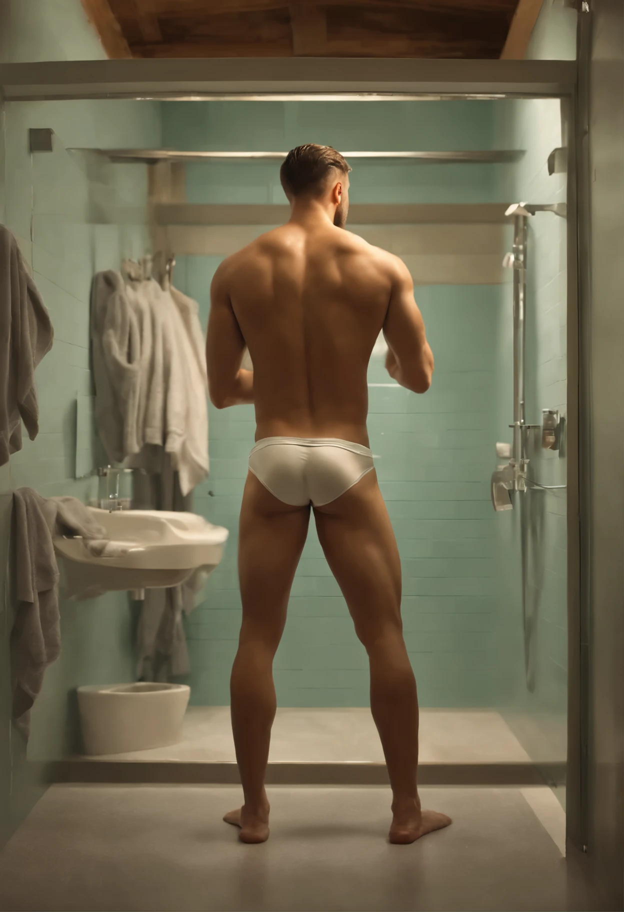 esquete, Estudo da figura masculina de 20 anos, jovem atleta musculoso, Standing, corpo cheio e encorpado, completely naked, Totalmente , , sem roupas, au natural |, cobrindo a virilha com uma toalha branca, bare butt, crowded gym shower with spray showers and shower men in the background, pastel hues, Por Harry Bush, James Montgomery Flagg e Lois of Baarle e jim francês e rossdraw, olhos realistas detalhados, large bare feet, big bulge in crotch, muito bonito, Beautiful