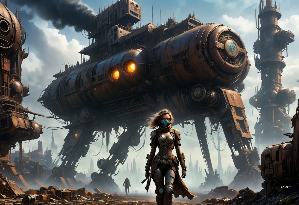 Future cyberpunk mechanical girl wearing a future gas mask walking through the destroyed future city,Silver Mechanical Girl,Mechanical joints,There are many rusty structures in the air, scenic Dystopian environment, Dystopian environment, Industrial science fiction, Industrial science fiction, Industrial science fiction, Steampunk space station base background, Dystopian digital concept art, Steampunk city, post-apocalyptic factory, Steampunk city of the future, Industrial science fiction, Steampunk concept art, Dystopian alien landscape, In a steampunk cityscape, Dystopian Landscape