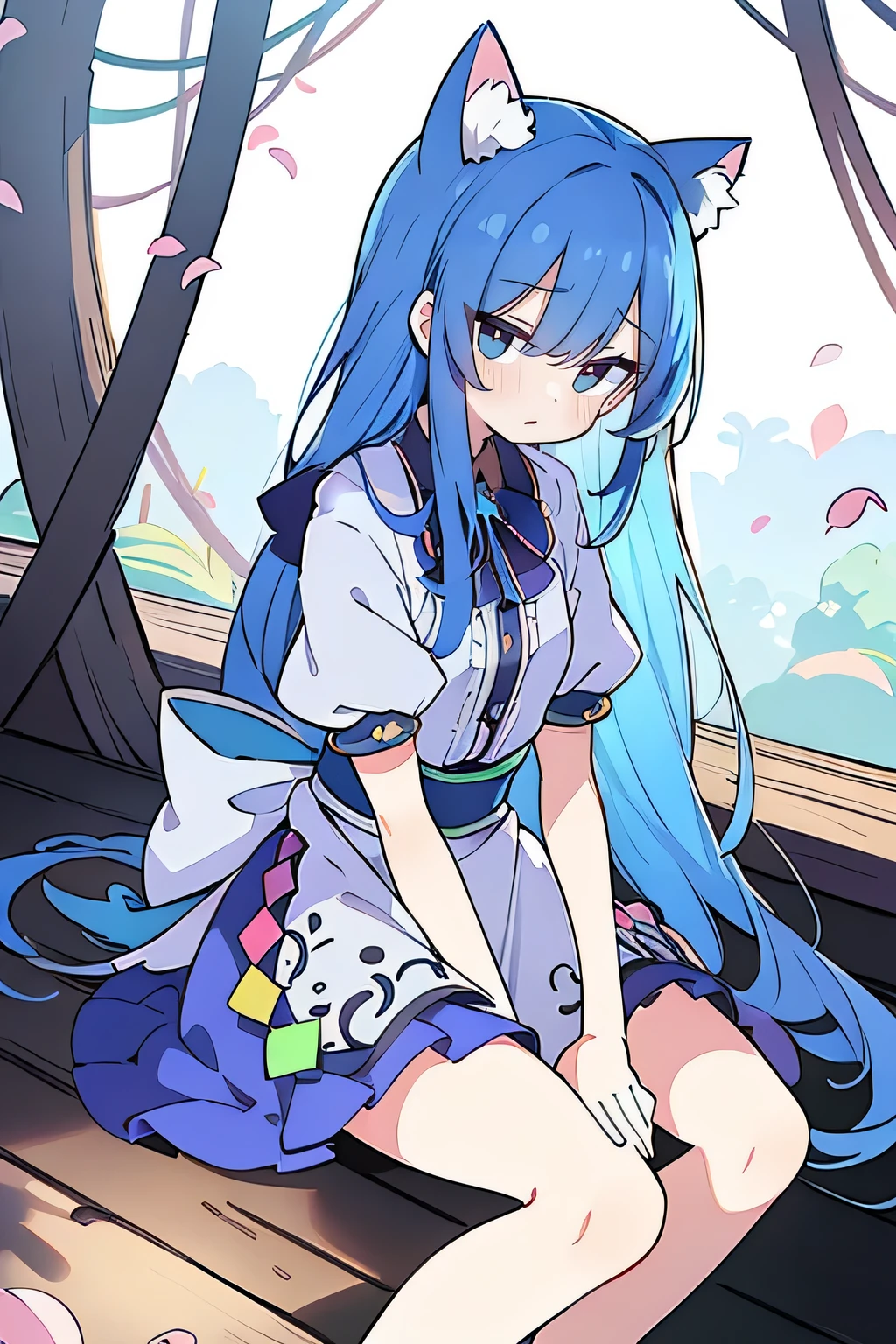 (masterpiece:1.2),ultra-detailed,realistic,expressive eyes,fair-skinned,perfectly shaped face,1girl,
Japanese cartoons,Gorgeous blue hair, flowing blue hair,floating clothes,cat ears,petals falling,beautiful Lola,Hina Angel,
hands on waist,gracefully sitting on the ground,legs crossed,gentle and serene background,cool and comfortable pavilion.