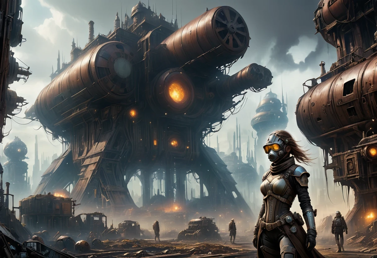 Future cyberpunk mechanical girl wearing a future gas mask walking through the destroyed future city,Silver Mechanical Girl,Mechanical joints,There are many rusty structures in the air, scenic Dystopian environment, Dystopian environment, Industrial science fiction, Industrial science fiction, Industrial science fiction, Steampunk space station base background, Dystopian digital concept art, Steampunk city, post-apocalyptic factory, Steampunk city of the future, Industrial science fiction, Steampunk concept art, Dystopian alien landscape, In a steampunk cityscape, Dystopian Landscape