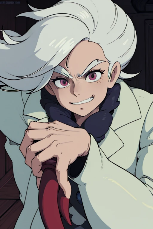 zany/crazy cartoon scientist character, in the art style of Inside video game, short stature, disproportionately large head, few spiky white hairs, twisted exaggerated features, bulging wide eyes with manic glint, yellowed protruding buck teeth, tattered stained white lab coat, pockets stuffed with odd objects, elongated bony arms with claw-like hands, unsettling eccentric mad scientist vibe, muted monochrome color palette with pops of eerie red highlights