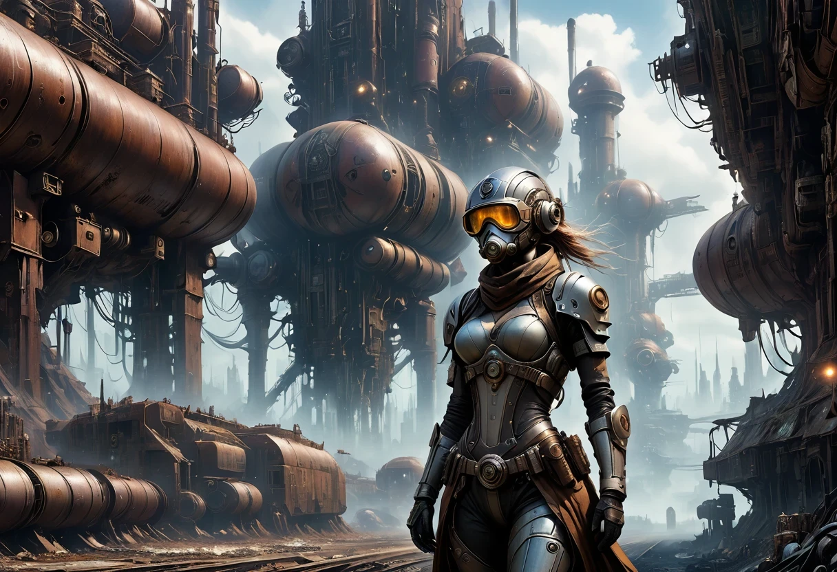 Future cyberpunk mechanical girl wearing a future gas mask walking through the destroyed future city,Silver Mechanical Girl,Mechanical joints,There are many rusty structures in the air, scenic Dystopian environment, Dystopian environment, Industrial science fiction, Industrial science fiction, Industrial science fiction, Steampunk space station base background, Dystopian digital concept art, Steampunk city, post-apocalyptic factory, Steampunk city of the future, Industrial science fiction, Steampunk concept art, Dystopian alien landscape, In a steampunk cityscape, Dystopian Landscape