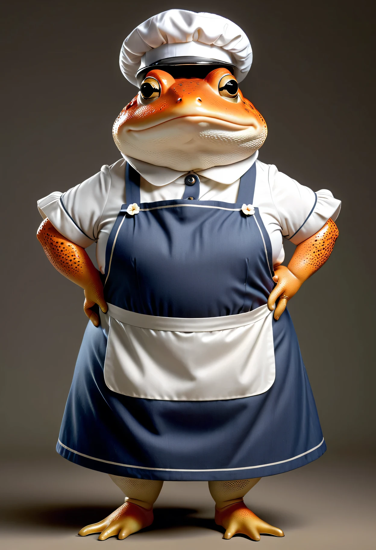photorealistic portrait of Dressed animals - a ((fat)) toad housekeeper,(hands on hips:1.2),(), high quality,(lovely) ,intricate details, highly detailed (( housekeeper costume)), wearing housekeeper cap and apron , highly detailed housekeeper equipment , (happy), studio lighting,(cute),(simple background)