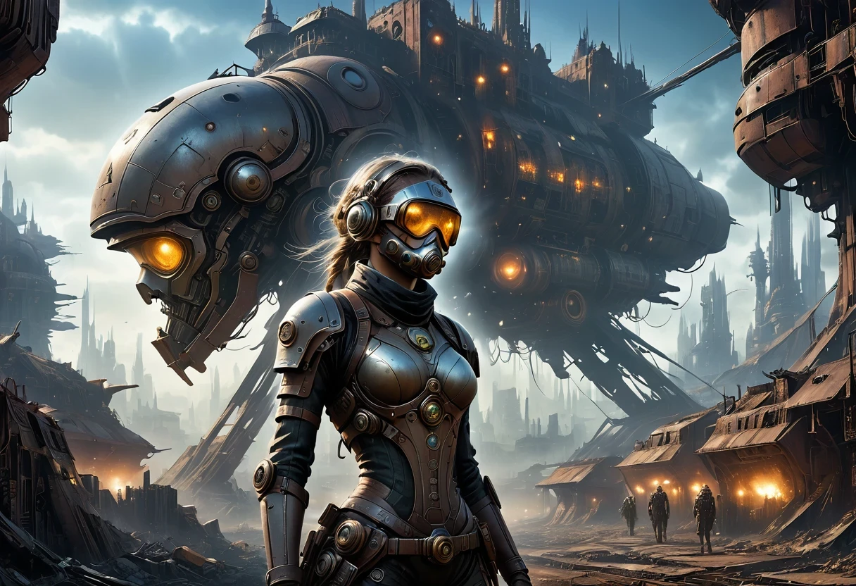 Future cyberpunk mechanical girl wearing a future gas mask walking through the destroyed future city,Silver Mechanical Girl,Mechanical joints,There are many rusty structures in the air, scenic Dystopian environment, Dystopian environment, Industrial science fiction, Industrial science fiction, Industrial science fiction, Steampunk space station base background, Dystopian digital concept art, Steampunk city, post-apocalyptic factory, Steampunk city of the future, Industrial science fiction, Steampunk concept art, Dystopian alien landscape, In a steampunk cityscape, Dystopian Landscape