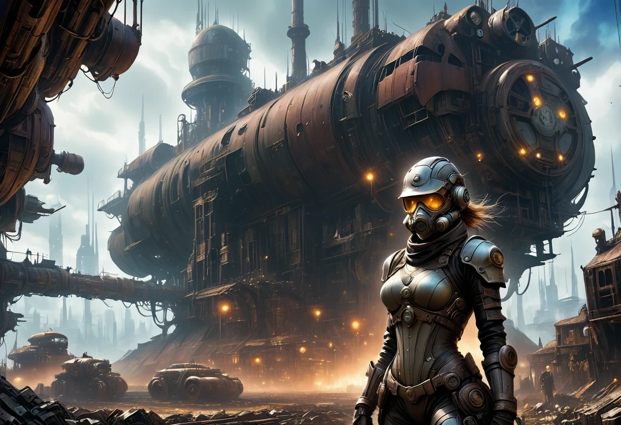 Future cyberpunk mechanical girl wearing a future gas mask walking through the destroyed future city,Silver Mechanical Girl,Mechanical joints,There are many rusty structures in the air, scenic Dystopian environment, Dystopian environment, Industrial science fiction, Industrial science fiction, Industrial science fiction, Steampunk space station base background, Dystopian digital concept art, Steampunk city, post-apocalyptic factory, Steampunk city of the future, Industrial science fiction, Steampunk concept art, Dystopian alien landscape, In a steampunk cityscape, Dystopian Landscape