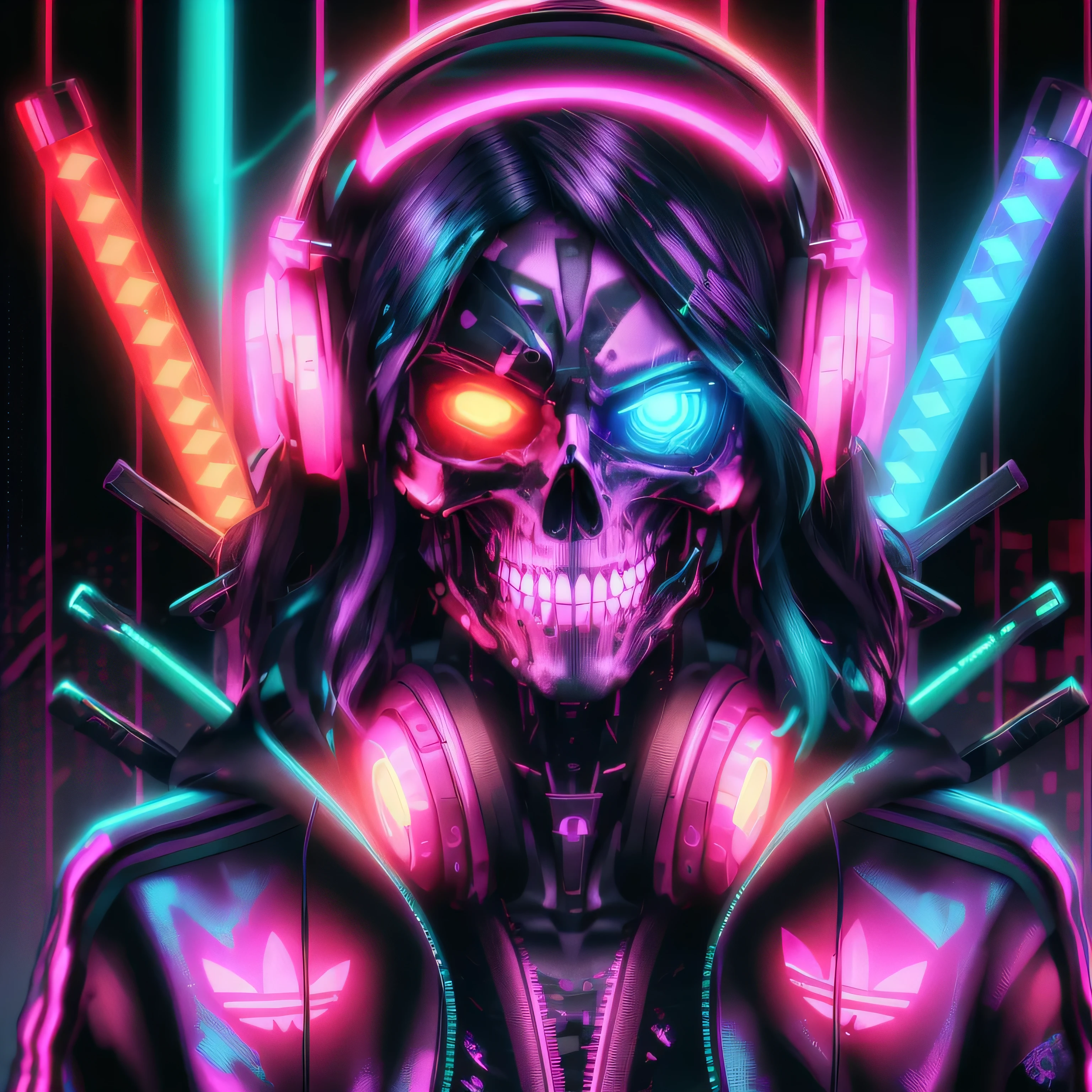 a close up of a person with headphones and a neon skull, cyberpunk skeleton, cyberpunk art style, synthwave art style ]!!, bright cyberpunk glow, cyberpunk horror style, cyberpunk vibrant colors, cyberpunk artstyle, synthwave art style, synthwave art, synthwave style, neon cyberpunk, cyberpunk vibes, synthwave digital art, synthwave, synthwave inspired