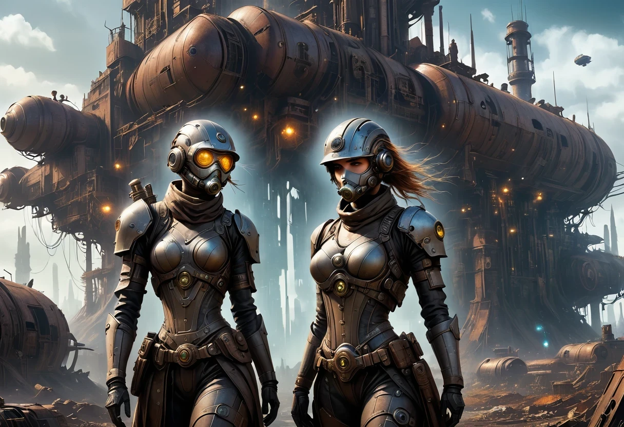 Future cyberpunk mechanical girl wearing a future gas mask walking through the destroyed future city,Silver Mechanical Girl,Mechanical joints,There are many rusty structures in the air, scenic Dystopian environment, Dystopian environment, Industrial science fiction, Industrial science fiction, Industrial science fiction, Steampunk space station base background, Dystopian digital concept art, Steampunk city, post-apocalyptic factory, Steampunk city of the future, Industrial science fiction, Steampunk concept art, Dystopian alien landscape, In a steampunk cityscape, Dystopian Landscape