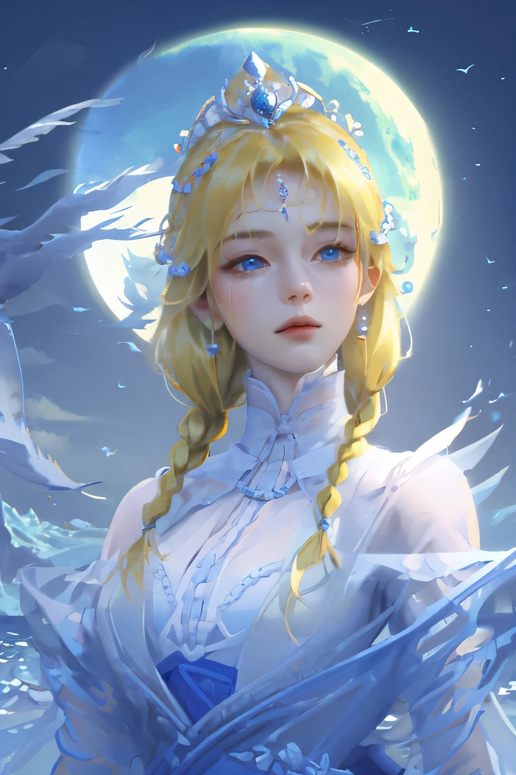 ,((best quality))),8k,((masterpiece)),(Extremely exquisite and beautiful), A girl came out of the sea, mythical swan princess, Beautiful calm face, blue eyes, Long Blonde Braid, Moon braid hair behind the head, Dressed in white shiny old clothes，Wearing the Kokoshnik crown, Affectionate gaze, Half a smile, A gentle expression on his face, Sea view and sun in the background, Seagulls in the sky, full length, realism