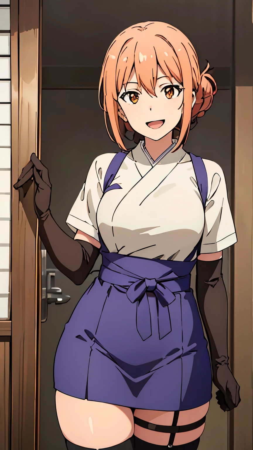 (Top quality, 8K, Masterpiece: 1.2), anime art style, Super detailed, Illustration, Yuigahama Yui's mother, 30's body, medium breasts, adult, Mature look, orange eyes, open mouth, smile, between the eyes, 1 girl, bun hair , shiny hair, focus only, looking at the viewer, alone, (elbow gloves, Japanese clothes, short sleeves, thigh straps, knee socks),stylish pose, stylish angle, in the center of the image, cowboy shot