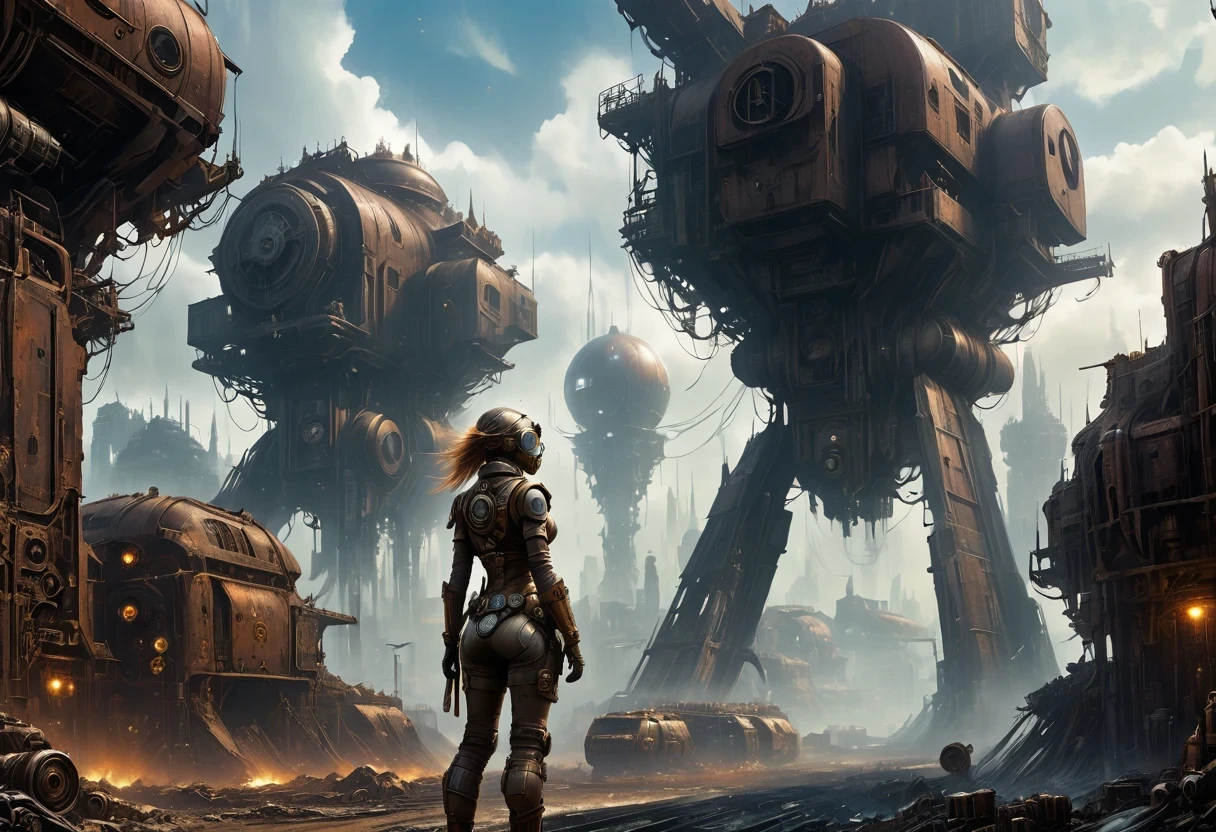 Future cyberpunk mechanical girl wearing a future gas mask walking through the destroyed future city,Silver Mechanical Girl,Mechanical joints,There are many rusty structures in the air, scenic Dystopian environment, Dystopian environment, Industrial science fiction, Industrial science fiction, Industrial science fiction, Steampunk space station base background, Dystopian digital concept art, Steampunk city, post-apocalyptic factory, Steampunk city of the future, Industrial science fiction, Steampunk concept art, Dystopian alien landscape, In a steampunk cityscape, Dystopian Landscape