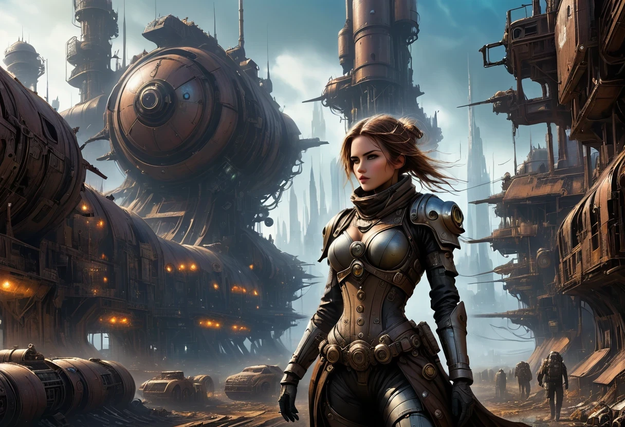 Future cyberpunk mechanical girl wearing a future gas mask walking through the destroyed future city,Silver Mechanical Girl,Mechanical joints,There are many rusty structures in the air, scenic Dystopian environment, Dystopian environment, Industrial science fiction, Industrial science fiction, Industrial science fiction, Steampunk space station base background, Dystopian digital concept art, Steampunk city, post-apocalyptic factory, Steampunk city of the future, Industrial science fiction, Steampunk concept art, Dystopian alien landscape, In a steampunk cityscape, Dystopian Landscape