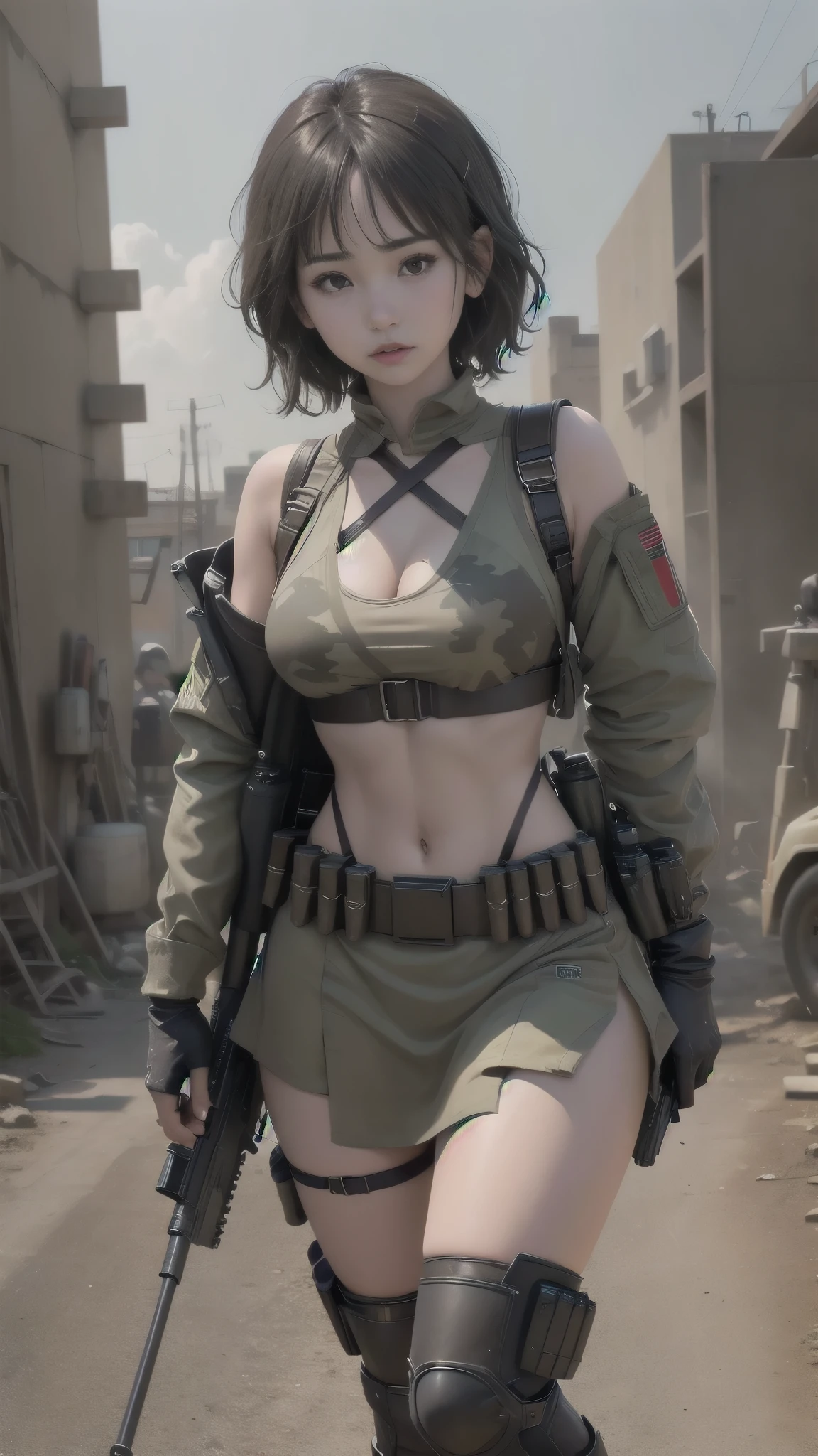 Unreal Engine:1.4,Ultra-realistic 64K CG, Photorealista:1.4, Skin Texture:1.4, Top 1 girls in bikinis ,japanes, sixteen years old, Gatling gun, Shell casing, Looking at Viewer, Bangs, ammunition belt, gloves,Saggy breasts,opening fire,in the picture, A beautiful girl with short black hair in a bikini appears..，The delicate face of，Wearing bikini metal，standing on the ruins，The behavior of a woman with a heavy sniper rifle in her hands,cle beige dress, Army Chain,War Jet DSLR background, F/2.8, 5D, 16 K, Hyper-Resolution . Realistic style, key visual, Vibrant,, Normal display, Realistic, Camouflage costumes, soldier, Stripes of camouflage makeup on her face at an angle of 45 degrees, Tough Broad,