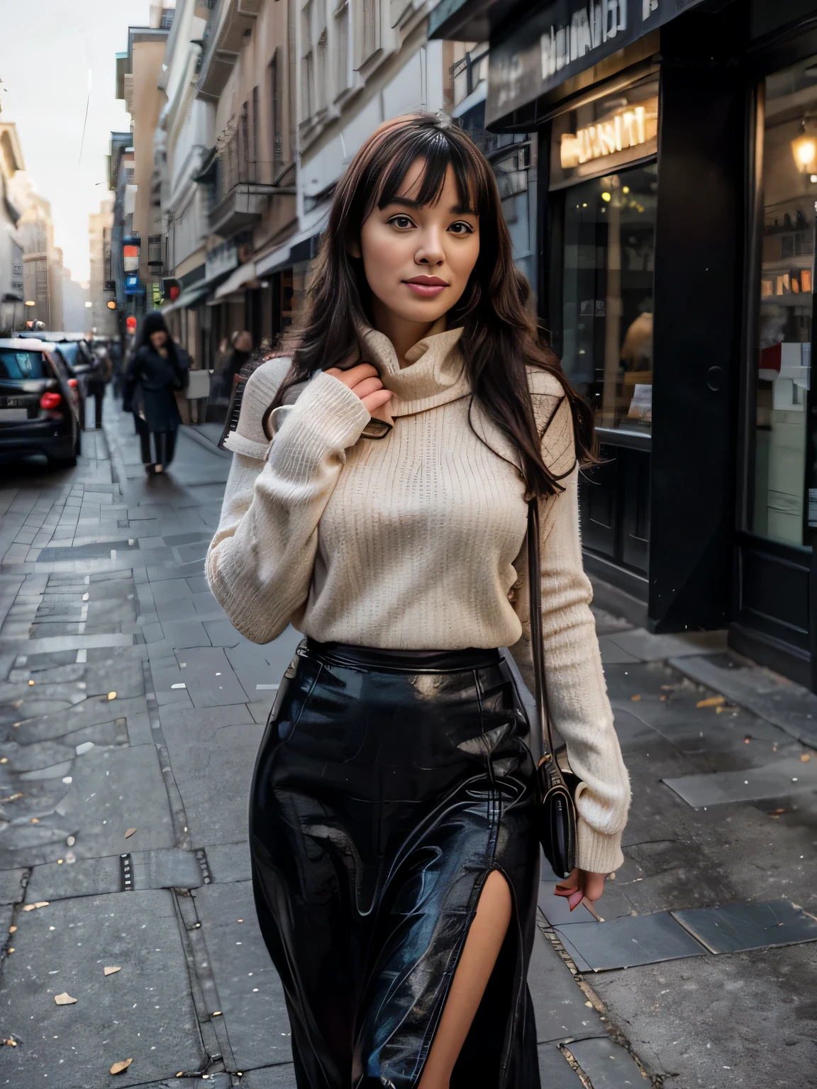 proFessional portrait photograph oF a gorgeous Smiling Bettie page  girl in winter clothing with long wavy Black hair, black long maxi-skirt(black long maxi-skirt:1.2),sultry Flirty look, gorgeous symmetrical Face, joli maquillage naturel, wearing elegant warm winter Fashion clothing, black leather gloves, ((debout dehors dans une rue enneigée de la ville)), bag on her shoulders,superbe environnement urbain moderne, ultra realistic, art conceptuel, elegant, Very detailed, complexe, sharp Focus, depth oF Field, F/1. 8, 85mm, Coup moyen, midplane, (((proFessionally color graded))), bright soFt diFFused light, (volumetric Fog), tendance sur Instagram, hdr 4k, 8K