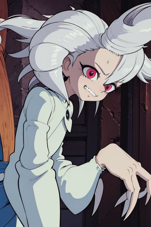 zany/crazy cartoon scientist character, in the art style of Inside video game, short stature, disproportionately large head, few spiky white hairs, twisted exaggerated features, bulging wide eyes with manic glint, yellowed protruding buck teeth, tattered stained white lab coat, pockets stuffed with odd objects, elongated bony arms with claw-like hands, unsettling eccentric mad scientist vibe, muted monochrome color palette with pops of eerie red highlights