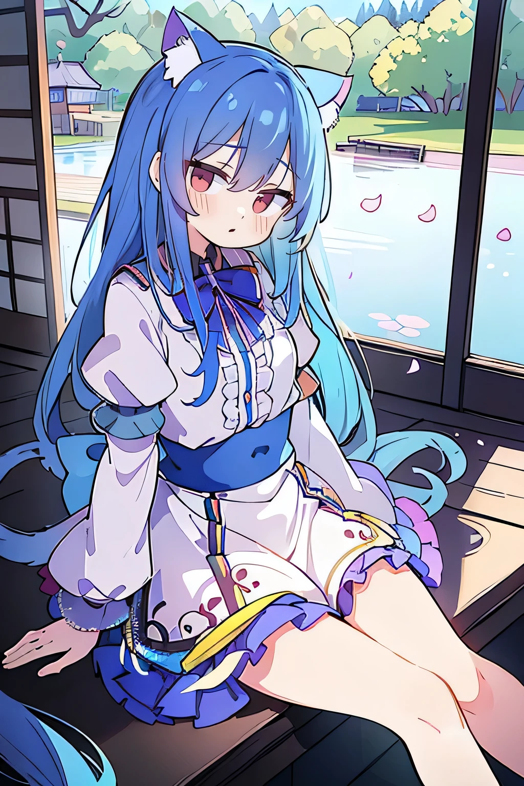 (masterpiece:1.2),ultra-detailed,realistic,expressive eyes,fair-skinned,perfectly shaped face,1girl,
Japanese cartoons,Gorgeous blue hair, flowing blue hair,floating clothes,cat ears,petals falling,beautiful Lola,Hina Angel,
hands on waist,gracefully sitting on the ground,legs crossed,gentle and serene background,cool and comfortable pavilion.