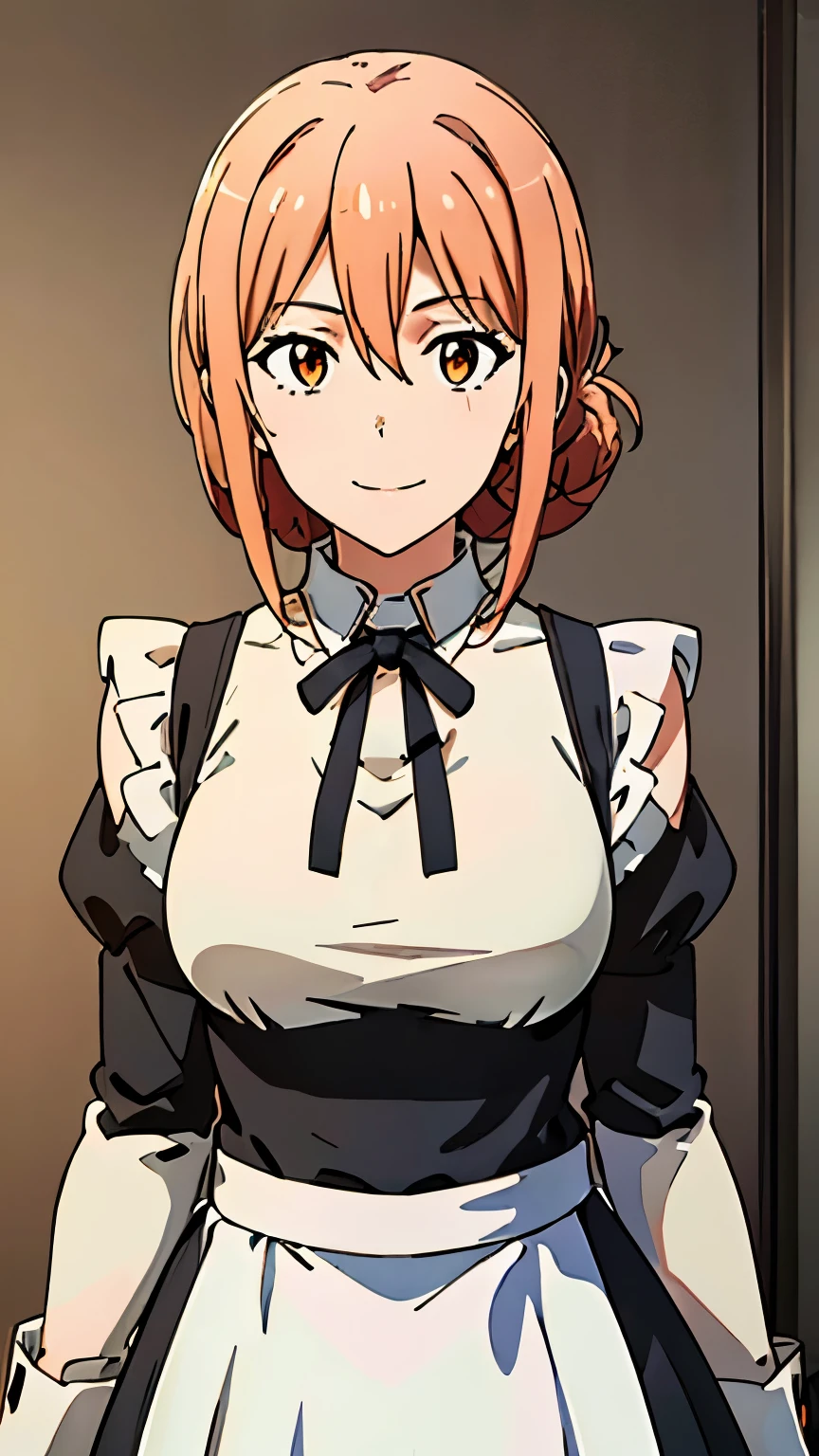 (Top quality, 8K, Masterpiece: 1.2), anime art style, Super detailed, Illustration, Yuigahama Yui's mother, 30's body, medium breasts, adult, Mature look, orange eyes, smile, between the eyes, 1 girl, bun hair , shiny hair, focus only, looking at the viewer, alone, (white shirt, ruffled shirt, neck ribbon, exposed shoulders, detachable sleeves, puffy sleeves, long sleeves, black sleeves, maid, waist apron, black skirt),stylish pose, stylish angle, in the center of the image, cowboy shot