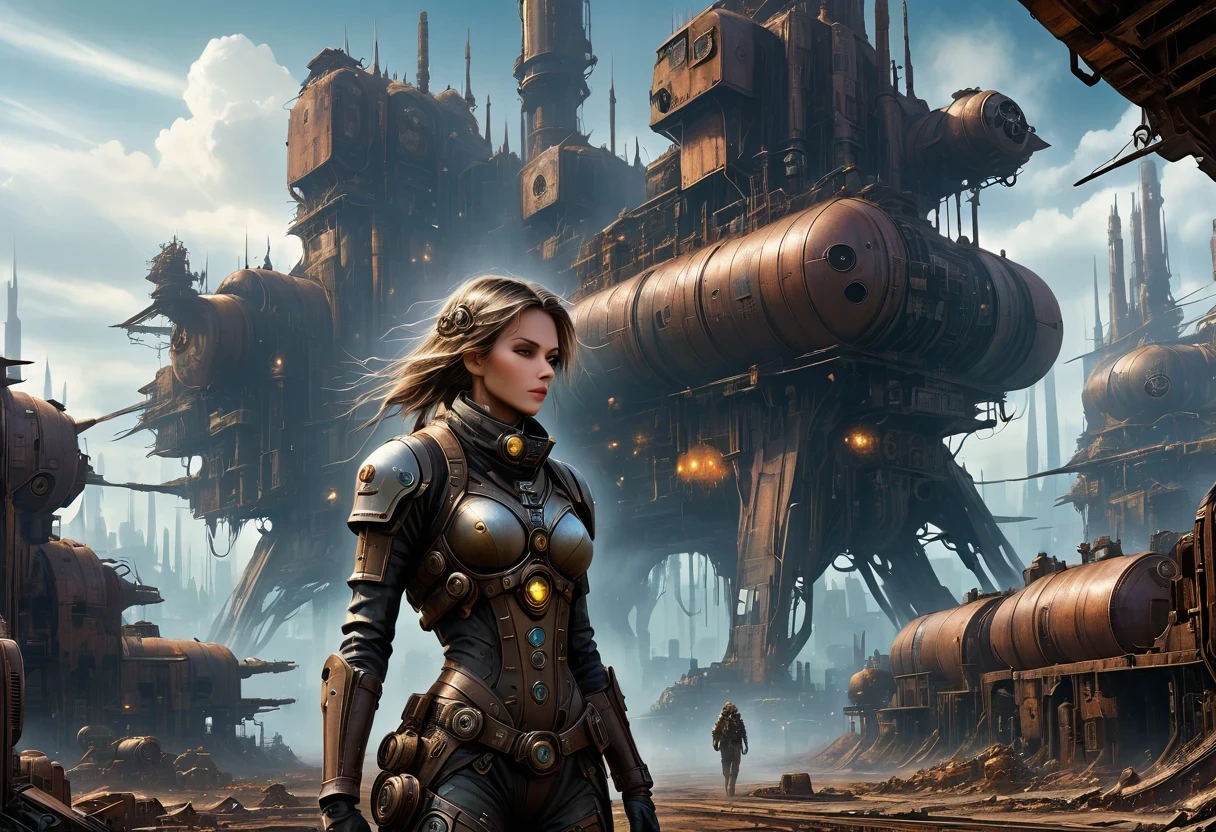 Future cyberpunk mechanical girl wearing a future gas mask walking through the destroyed future city,Silver Mechanical Girl,Mechanical joints,There are many rusty structures in the air, scenic Dystopian environment, Dystopian environment, Industrial science fiction, Industrial science fiction, Industrial science fiction, Steampunk space station base background, Dystopian digital concept art, Steampunk city, post-apocalyptic factory, Steampunk city of the future, Industrial science fiction, Steampunk concept art, Dystopian alien landscape, In a steampunk cityscape, Dystopian Landscape