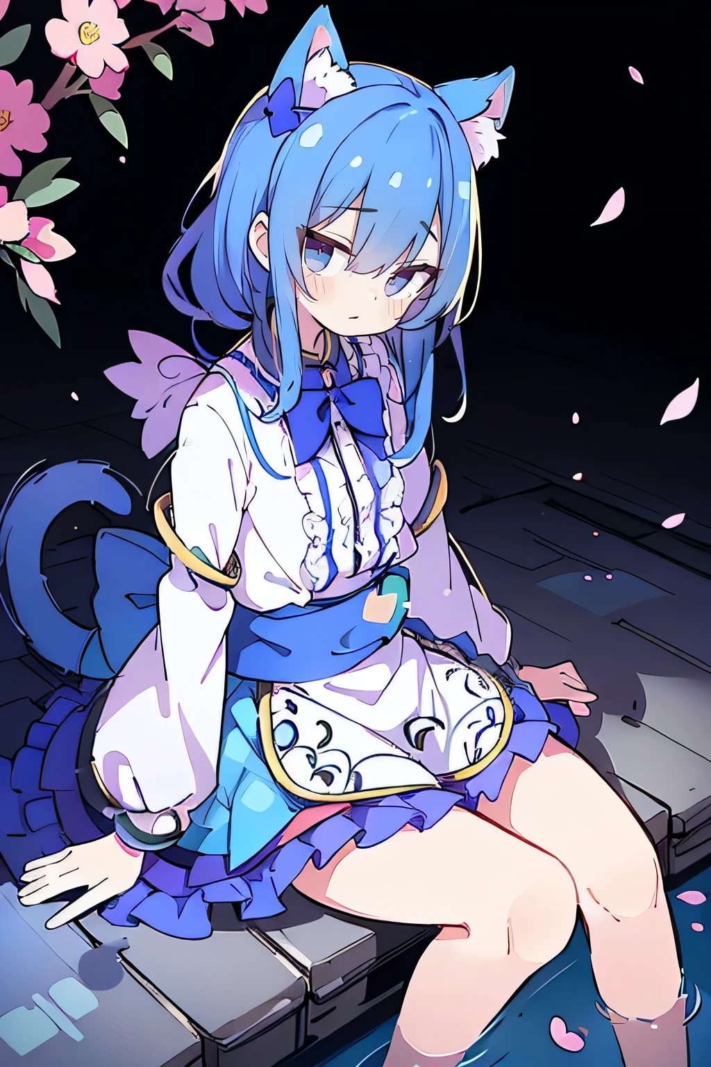 (masterpiece:1.2),ultra-detailed,realistic,expressive eyes,fair-skinned,perfectly shaped face,1girl,
Japanese cartoons,Gorgeous blue hair, flowing blue hair,floating clothes,cat ears,petals falling,beautiful Lola,Hina Angel,
hands on waist,gracefully sitting on the ground,legs crossed,gentle and serene background,cool and comfortable pavilion.