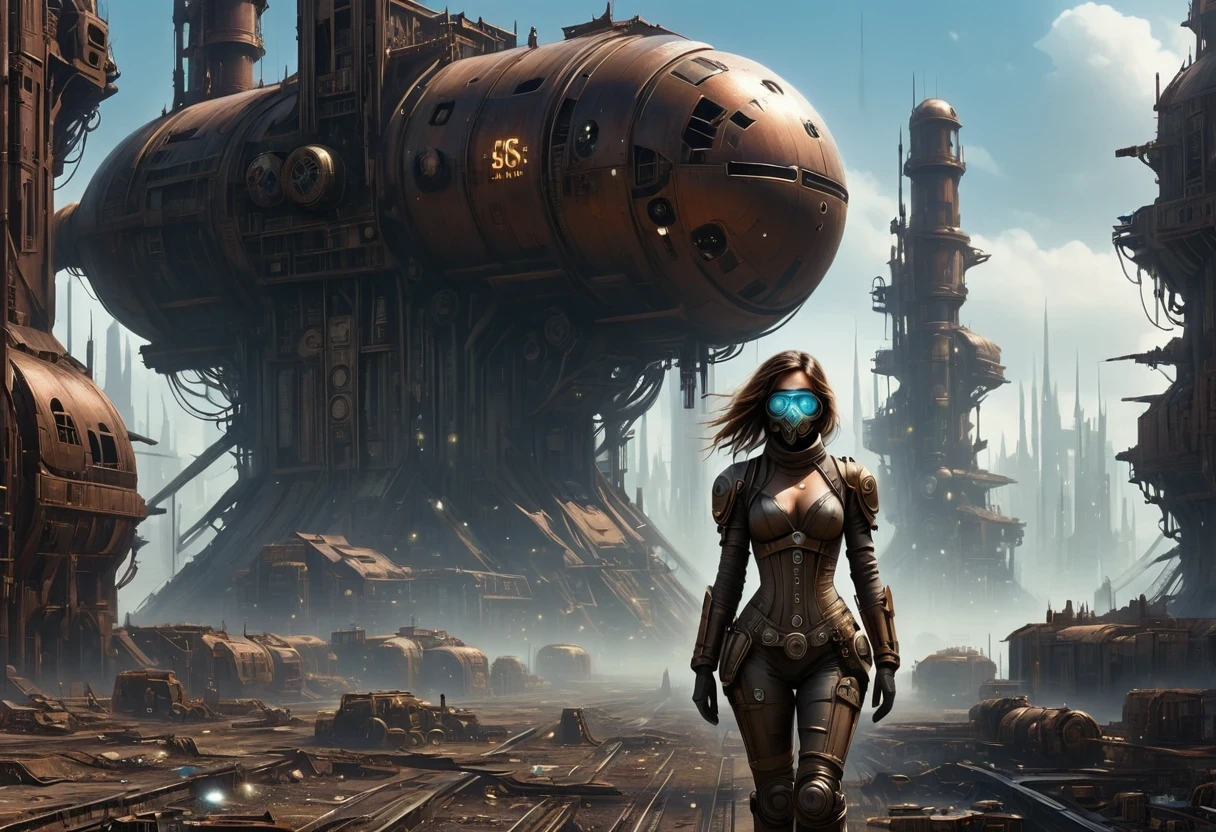 Future cyberpunk mechanical girl wearing a future gas mask walking through the destroyed future city,Silver Mechanical Girl,Mechanical joints,There are many rusty structures in the air, scenic Dystopian environment, Dystopian environment, Industrial science fiction, Industrial science fiction, Industrial science fiction, Steampunk space station base background, Dystopian digital concept art, Steampunk city, post-apocalyptic factory, Steampunk city of the future, Industrial science fiction, Steampunk concept art, Dystopian alien landscape, In a steampunk cityscape, Dystopian Landscape