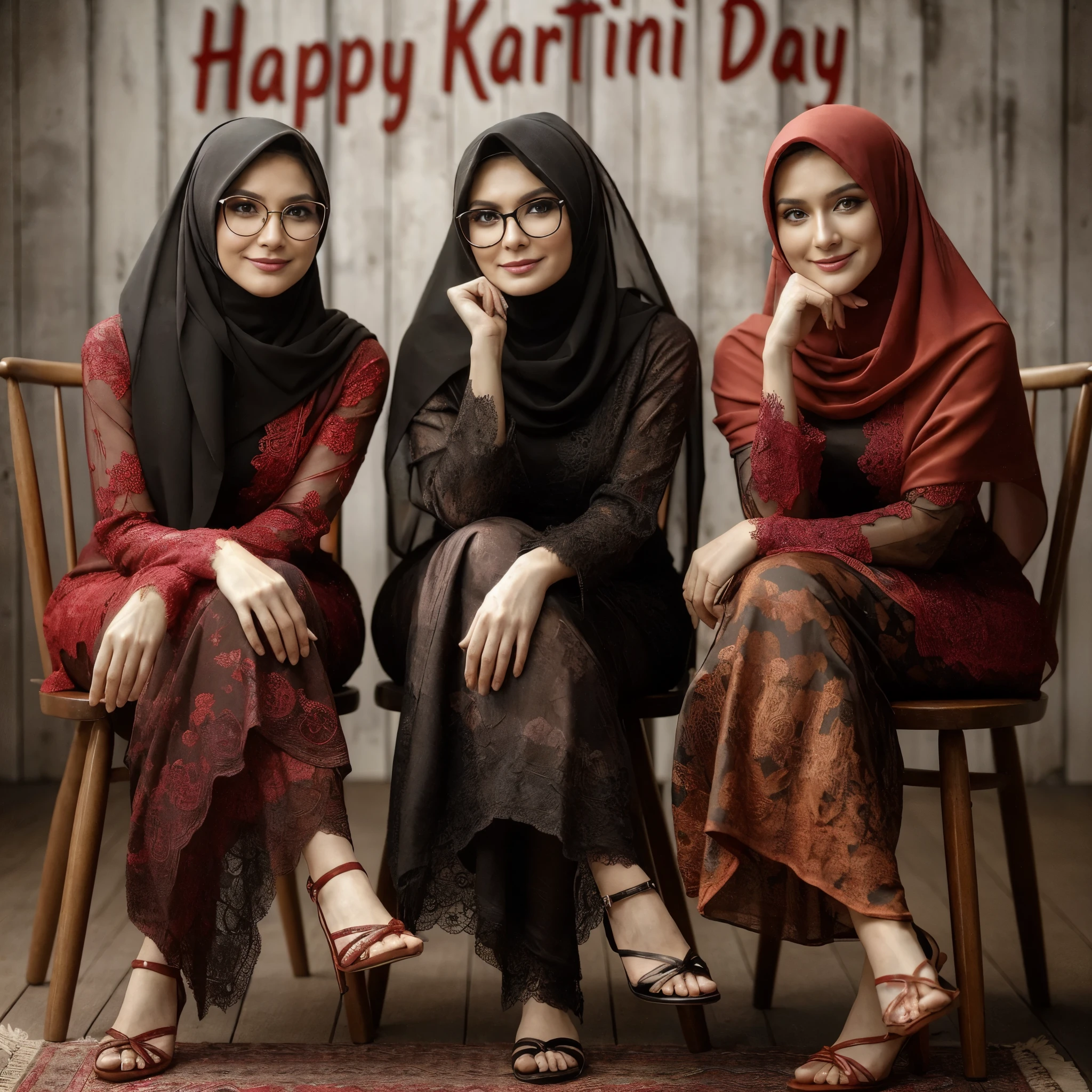 three women sitting on a chair with a happy kafti day sign in the background, 🕹️ 😎 🔫 🤖 🚬, fanart, 3 0, 🤬 🤮 💕 🎀, by Kaff Gerrard, sakimi, 💋 💄 👠 👗, 3 1, 💣 💥, amusing, 27, 💣 💥💣 💥, hr, #, ( 3 1