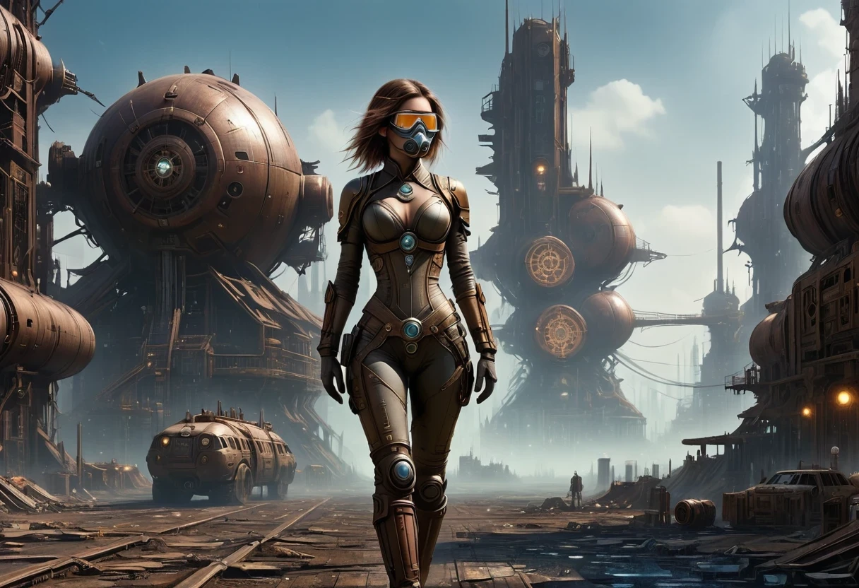 Future cyberpunk mechanical girl wearing a future gas mask walking through the destroyed future city,Silver Mechanical Girl,Mechanical joints,There are many rusty structures in the air, scenic Dystopian environment, Dystopian environment, Industrial science fiction, Industrial science fiction, Industrial science fiction, Steampunk space station base background, Dystopian digital concept art, Steampunk city, post-apocalyptic factory, Steampunk city of the future, Industrial science fiction, Steampunk concept art, Dystopian alien landscape, In a steampunk cityscape, Dystopian Landscape