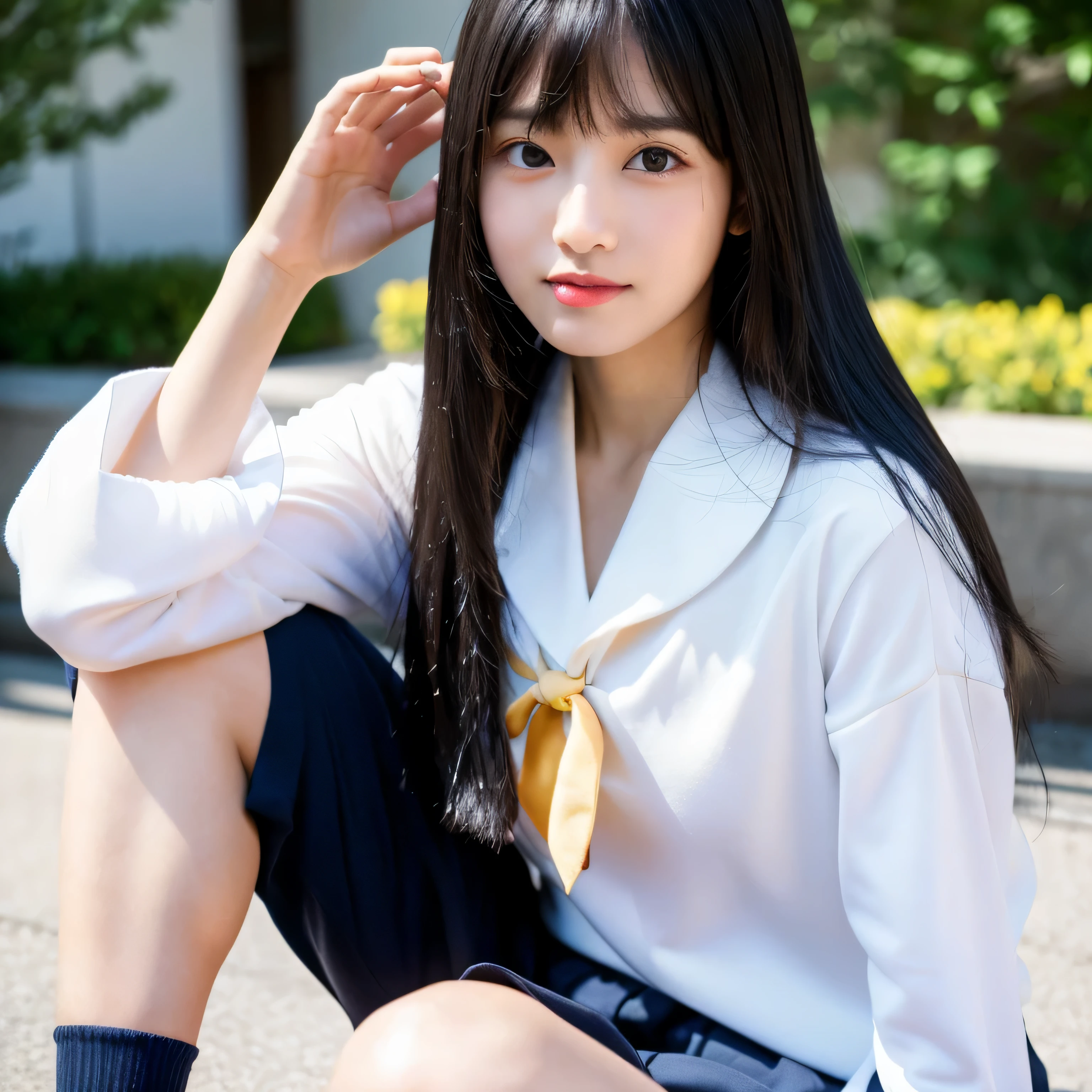 
((highest quality)), ((masterpiece)), (Familiar),((whole body)),  One Woman　((From behind))　((whole body))　Beautifully detailed face　8k, ,(Actual, Vibrant:1.4), Professional Lighting　8k, Photorealistic, RAW Photos, Best image quality: 1.4), clear, Idol Style　Pay attention to the details　double eyelid、Chest to Chest　Sharp focus:1.2、Beautiful woman:1.4　She has innocent joy .１２Middle school students　Japanese Sailor Suit　(sneakers)　Correct Five Fingers in Human Anatomy　neat bangs　Trimmed Princess Cut　Knee-length
(Ridiculously long hair)　long black shiny hair, very Long black hair, shiny long hair, thick, Shiny black hair, The woman has long black hair, black silky hair, Long black hair, Long black hair, Long black hair, Her hair is long and straight, long and thin black hair, detailed Long black hair　Long black hair, Long black hair, Long black hair
