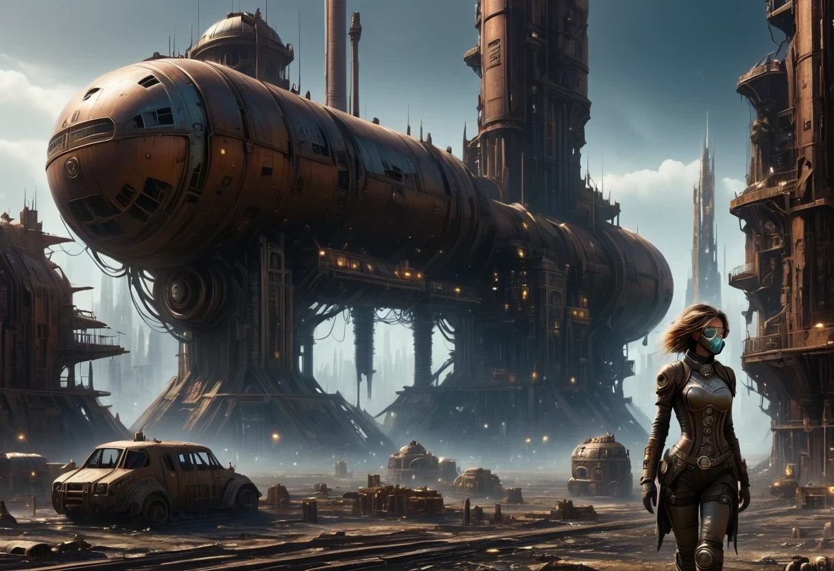 Future cyberpunk mechanical girl wearing a future gas mask walking through the destroyed future city,Silver Mechanical Girl,Mechanical joints,There are many rusty structures in the air, scenic Dystopian environment, Dystopian environment, Industrial science fiction, Industrial science fiction, Industrial science fiction, Steampunk space station base background, Dystopian digital concept art, Steampunk city, post-apocalyptic factory, Steampunk city of the future, Industrial science fiction, Steampunk concept art, Dystopian alien landscape, In a steampunk cityscape, Dystopian Landscape