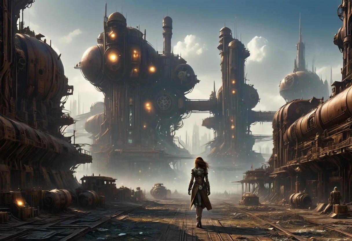 Future cyberpunk mechanical girl wearing a future gas mask walking through the destroyed future city,Silver Mechanical Girl,Mechanical joints,There are many rusty structures in the air, scenic Dystopian environment, Dystopian environment, Industrial science fiction, Industrial science fiction, Industrial science fiction, Steampunk space station base background, Dystopian digital concept art, Steampunk city, post-apocalyptic factory, Steampunk city of the future, Industrial science fiction, Steampunk concept art, Dystopian alien landscape, In a steampunk cityscape, Dystopian Landscape