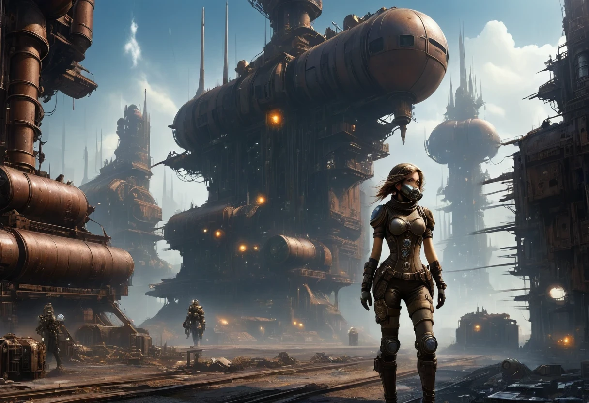 Future cyberpunk mechanical girl wearing a future gas mask walking through the destroyed future city,Silver Mechanical Girl,Mechanical joints,There are many rusty structures in the air, scenic Dystopian environment, Dystopian environment, Industrial science fiction, Industrial science fiction, Industrial science fiction, Steampunk space station base background, Dystopian digital concept art, Steampunk city, post-apocalyptic factory, Steampunk city of the future, Industrial science fiction, Steampunk concept art, Dystopian alien landscape, In a steampunk cityscape, Dystopian Landscape